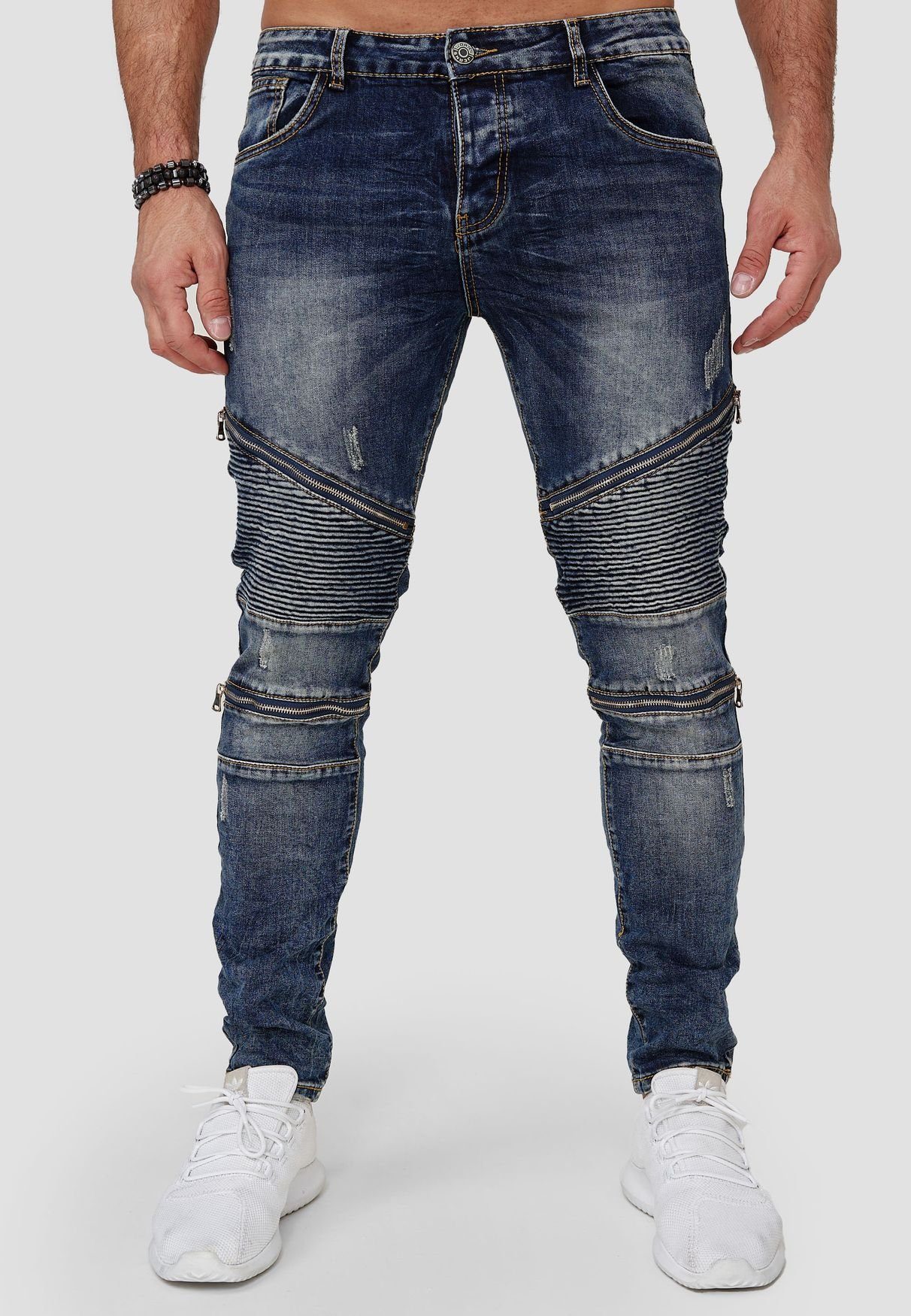 Jaylvis Slim-fit-Jeans »Herren Biker Denim Jeans Slim Fit Hose Zipper Rips  Destroyed« (slim fit, 1-tlg., Knöpfe) 3562 in Blau online kaufen | OTTO