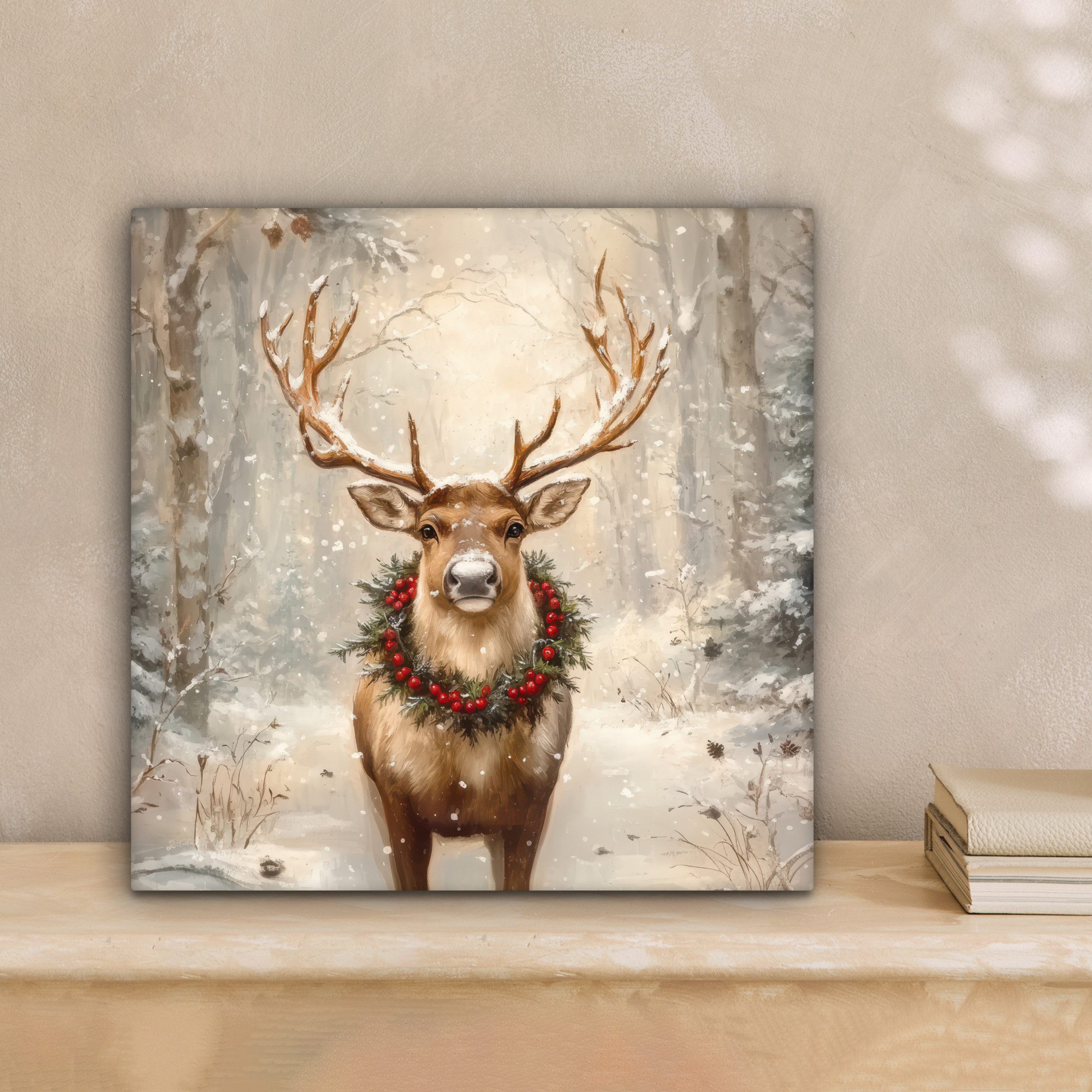 OneMillionCanvasses® Leinwandbild Weihnachten - Rentier - Winter - Kranz, Fotodruck (1 St), Wandbild, Deko Schlafzimmer Wohnzimmer Flur 20x20 cm