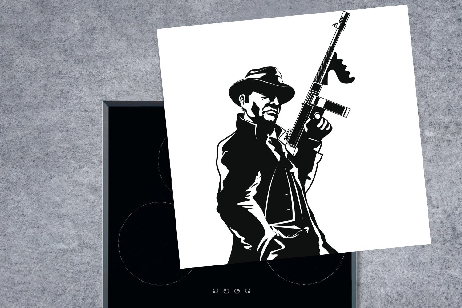 küche Waffe Vinyl, tlg), Mafia-Mitglieds Herdblende-/Abdeckplatte in Arbeitsplatte schwarz-weiß, Illustration einer für MuchoWow Ceranfeldabdeckung, 78x78 mit eines (1 cm,