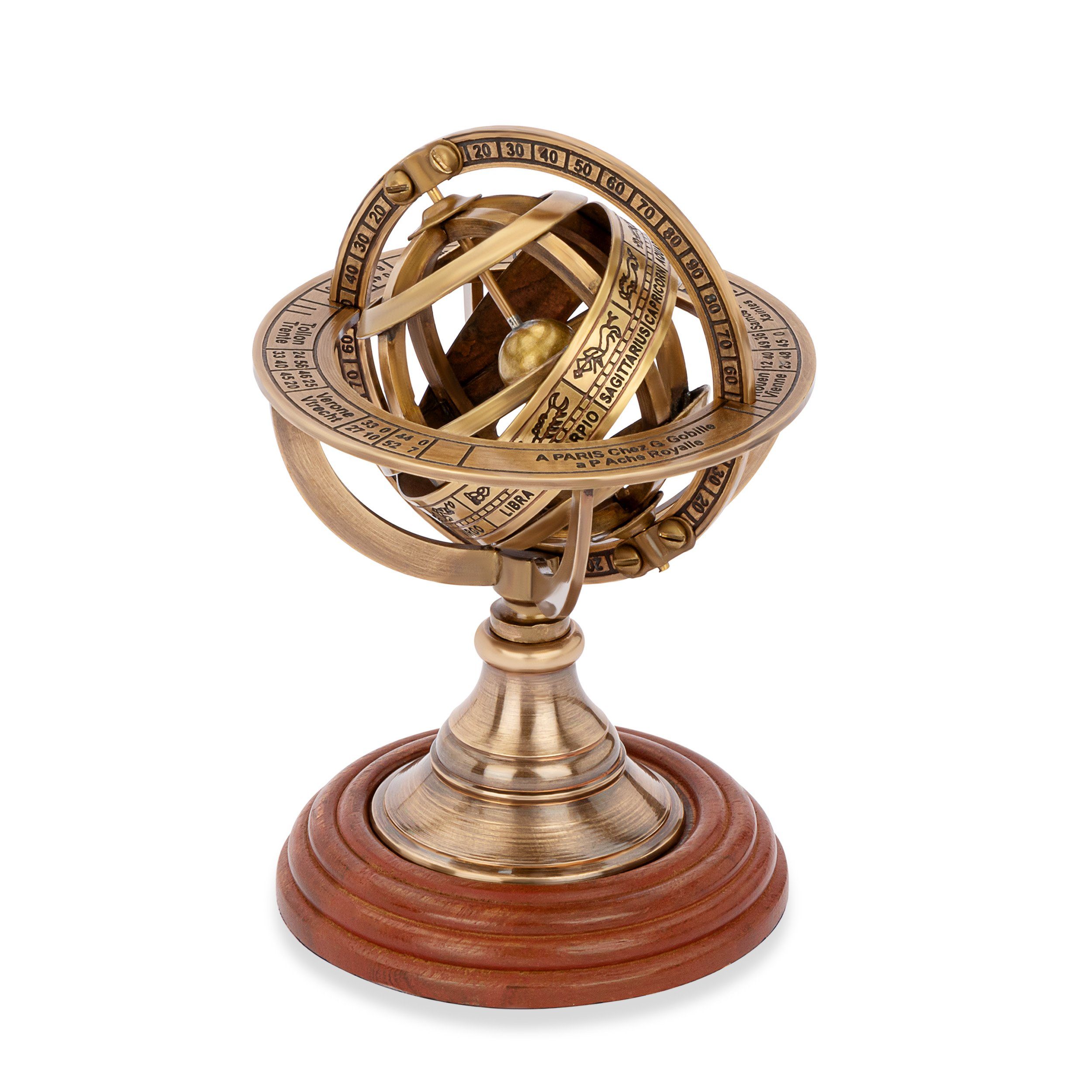 NKlaus Dekofigur Armillarsphäre Messing antik auf Holzsockel 14x8cm Astronomische Armil, Made in Germany