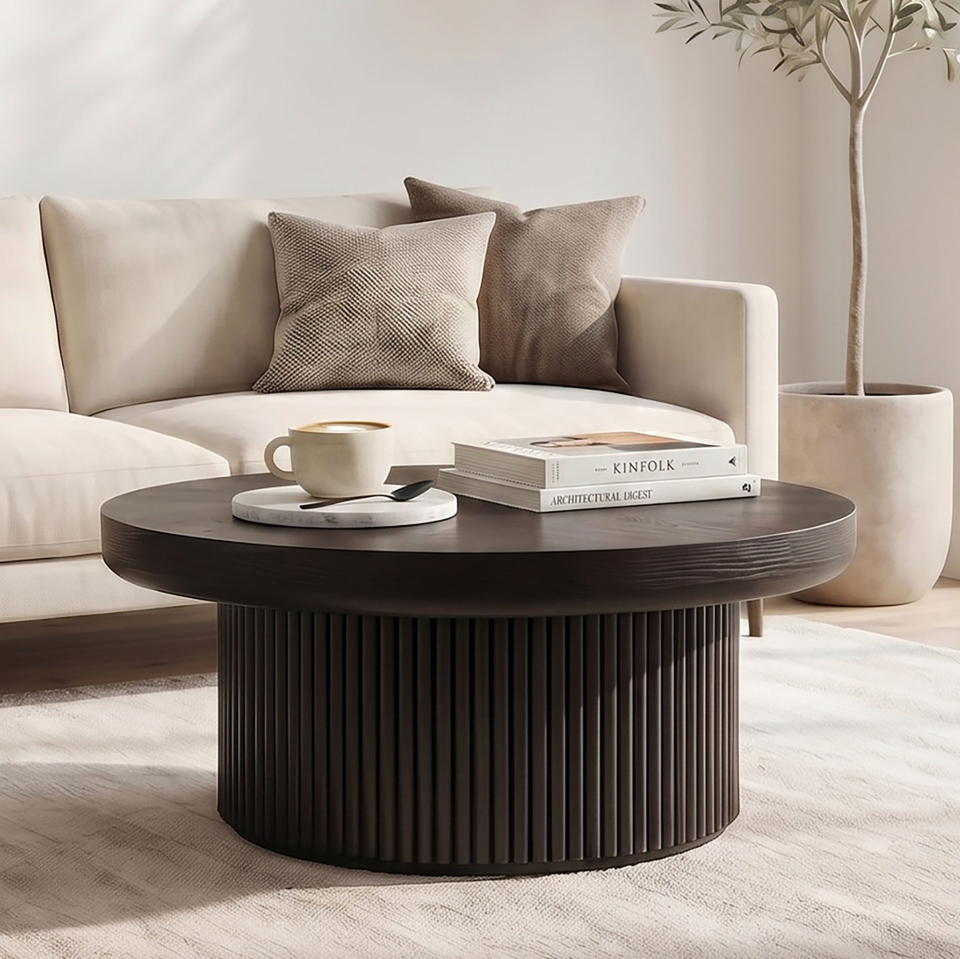 OKWISH Couchtisch Runder Tisch, 78 cm, Schwarz, Tischplatte in Holzoptik (Packung, 1-St., Moderner Beistelltisch im Mid-Century Stil für kleine Räume), Wohnzimmertisch mit Parquet Muster, Rillenstruktur & Säulenfuß