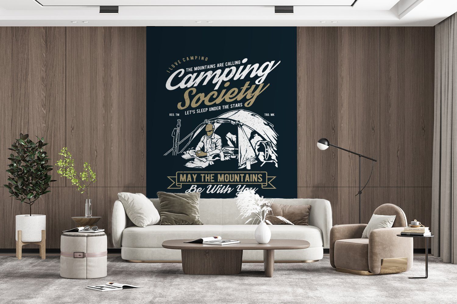 bedruckt, Wandtapete Fototapete Montagefertig - Camping Zelt Vinyl Vintage, für Matt, (3 Sprichwörter - - Tapete St), Wohnzimmer, MuchoWow