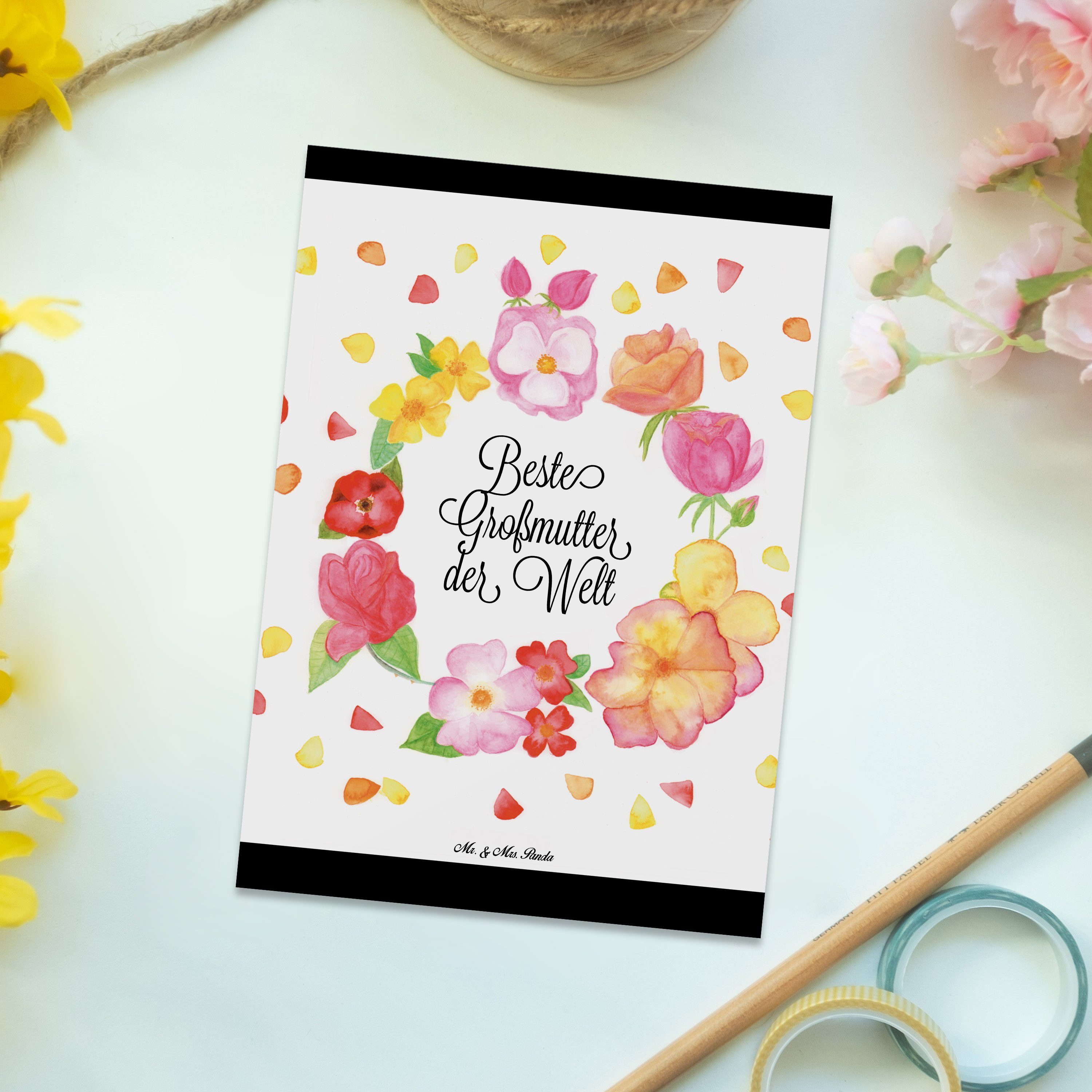 Blumen Weiß Geschenk, Panda Liebe Flo Postkarte Mama, Einladungskarte, Mrs. & Mr. - Großmutter -