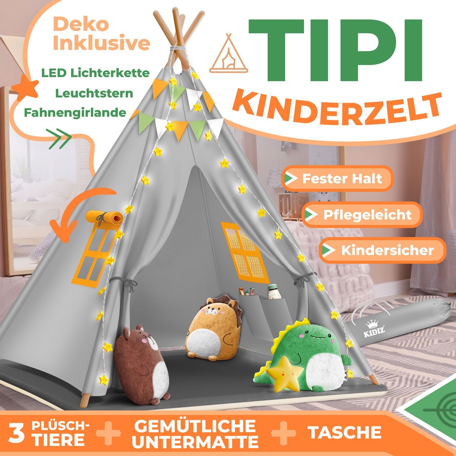 KIDIZ Spielzelt Tipi Zelt für Kinder aus Baumwolle 100x100x160cm Kinderzelt günstig online kaufen