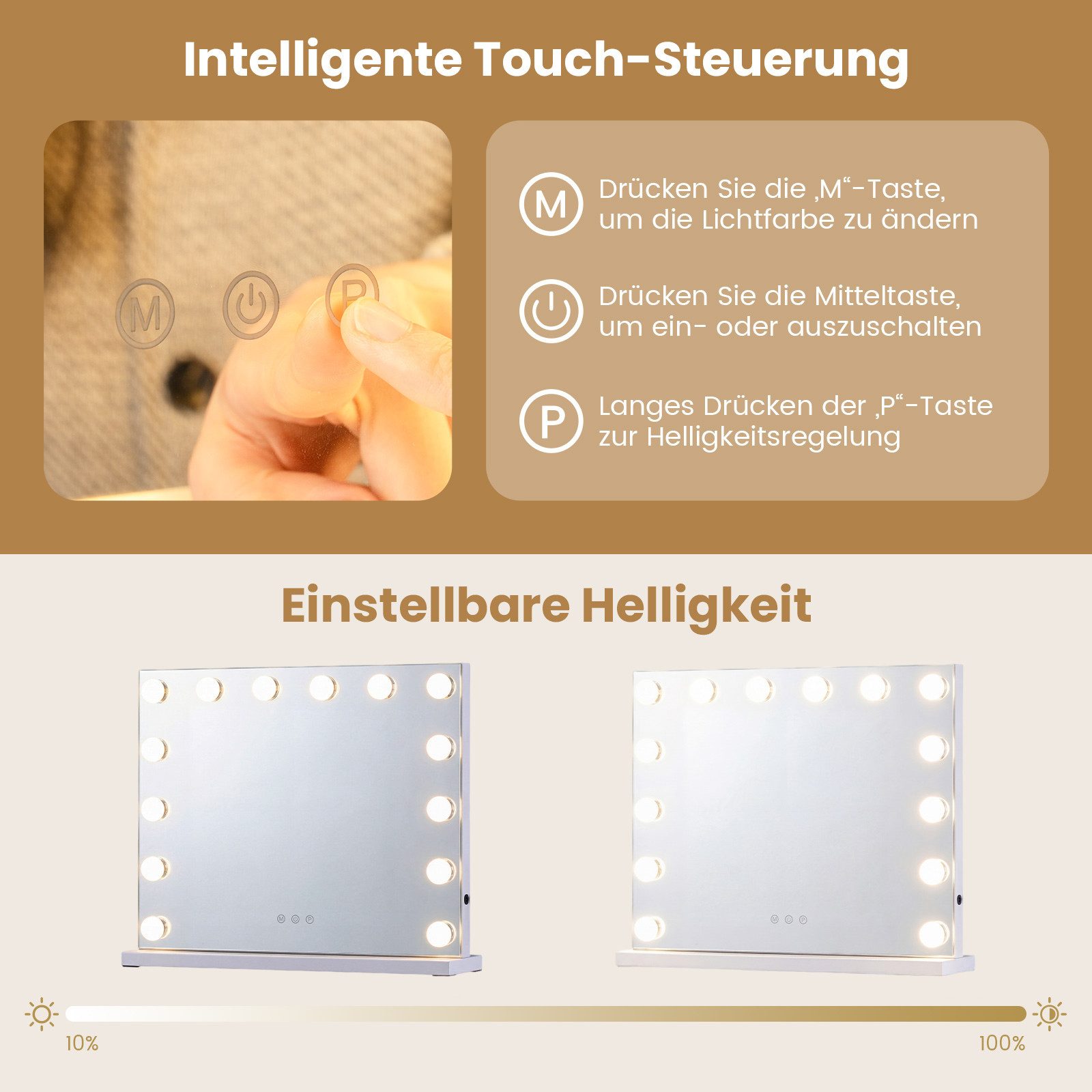 COSTWAY Schminkspiegel (1-St), Hollywood Spiegel, 14 dimmbare LED-Leuchten & 3 Lichtfarben