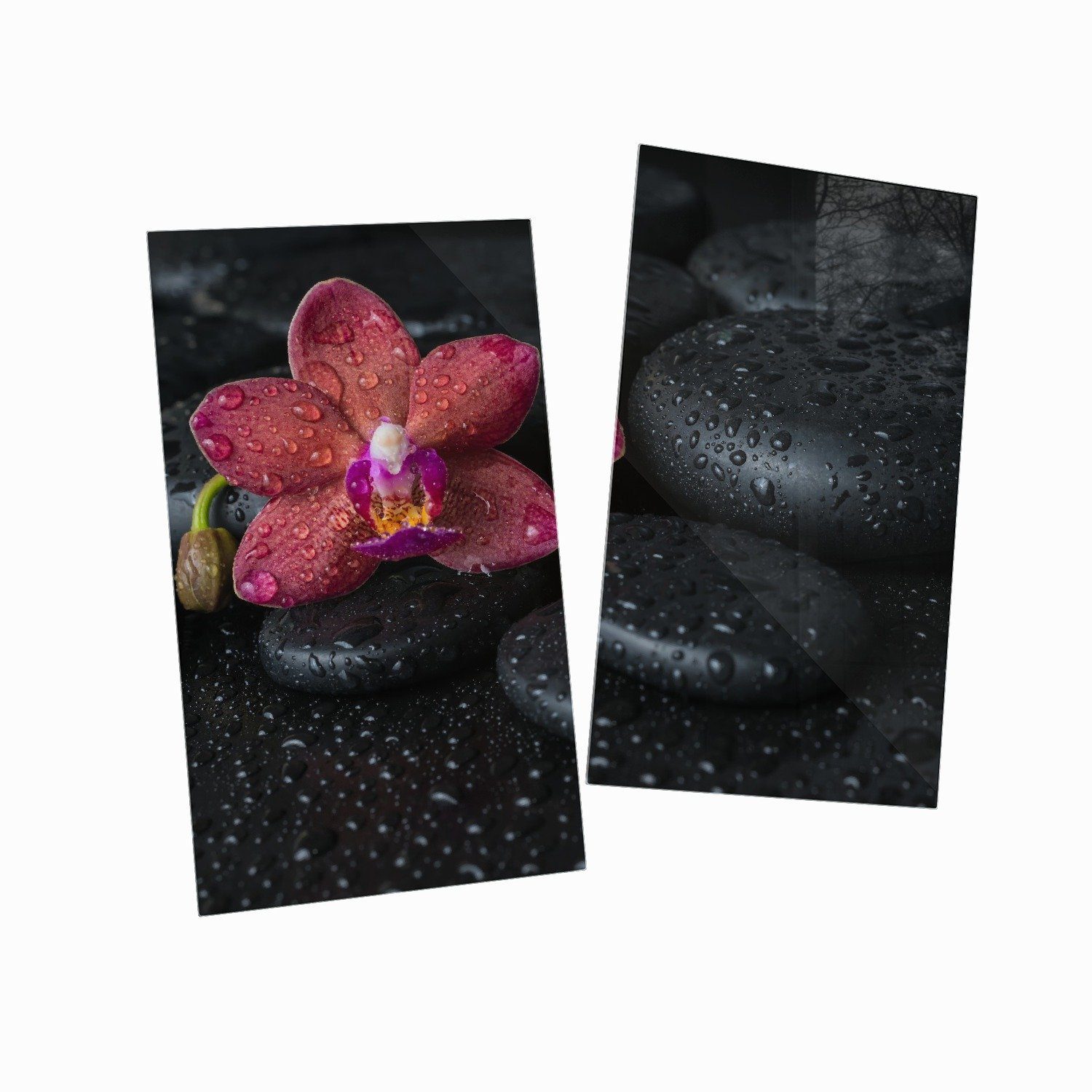 Orchideen-Blüte schwarzen Steinen, ESG-Sicherheitsglas, Herd-Abdeckplatte Wasser-Tropfen, tlg., verschiedene 5mm Größen mit 2 Wallario Noppen), (Glasplatte, benetzt inkl. auf