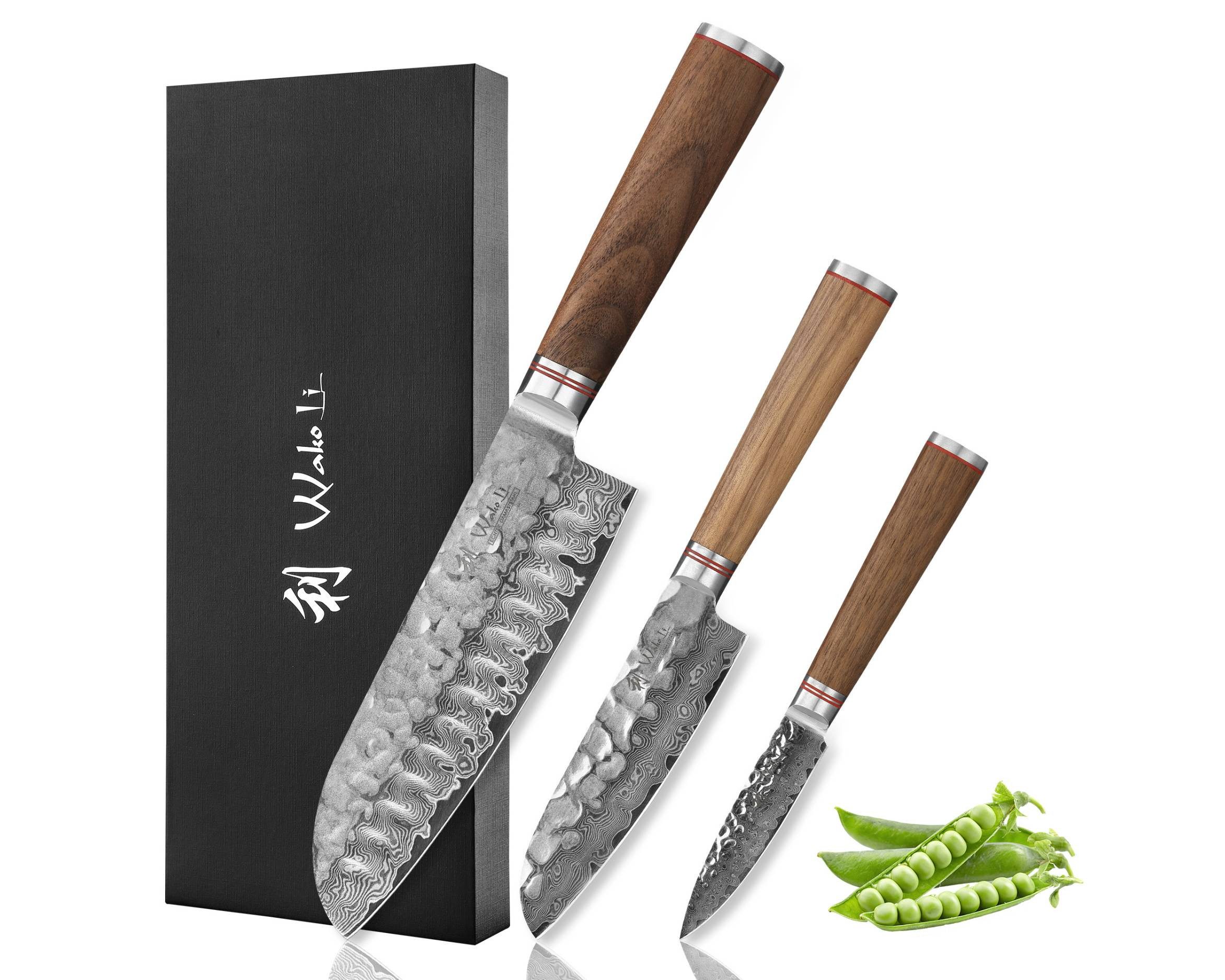 Wakoli Messer-Set Nussbaum Exklusive 3er Damastmesser-Set I Nussbaumgriffe (Küchenmesser Set, 3-tlg., 1x Santoku; 1x Santoku klein; 1x Spickmesser), aus 67 Lagen Damaststahl mit VG10 Kern