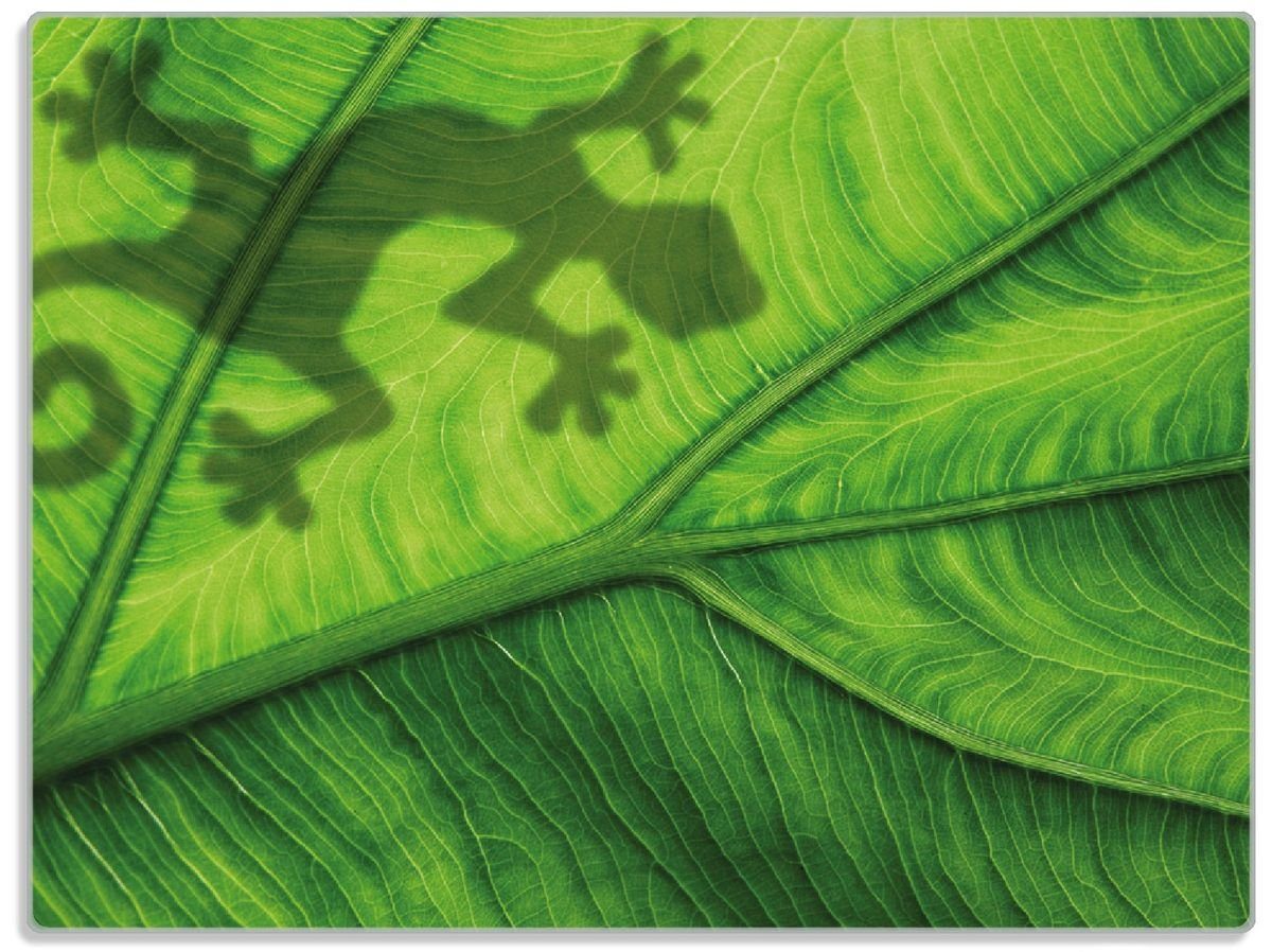 Wallario Schneidebrett Gecko Schatten auf grünem Blatt - Umriss, ESG-Sicherheitsglas, (inkl. rutschfester Gummifüße 4mm, 1-St), 30x40cm