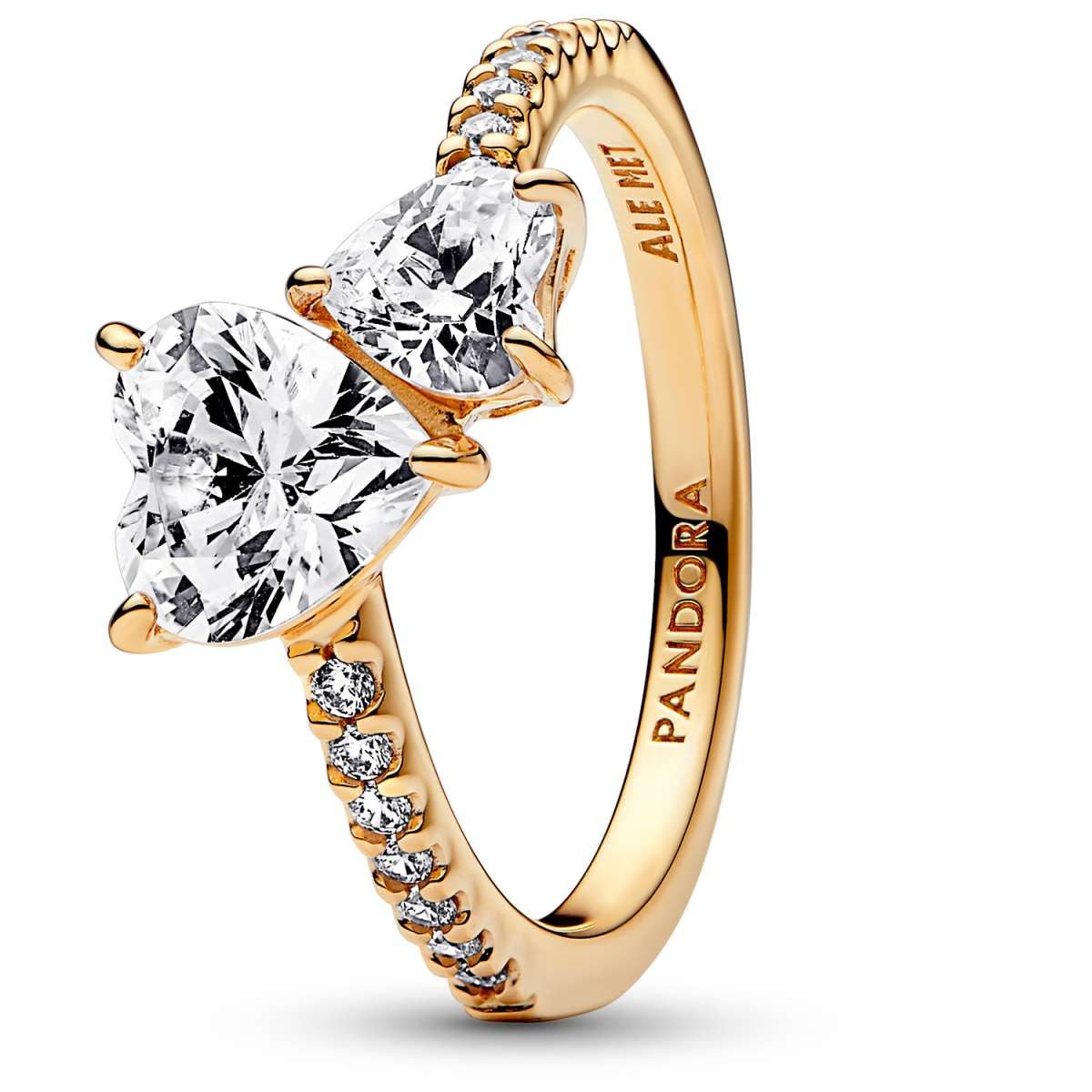 Pandora Fingerring 161198C01, Damenring Doppeltes Funkelndes Herz Goldfarben