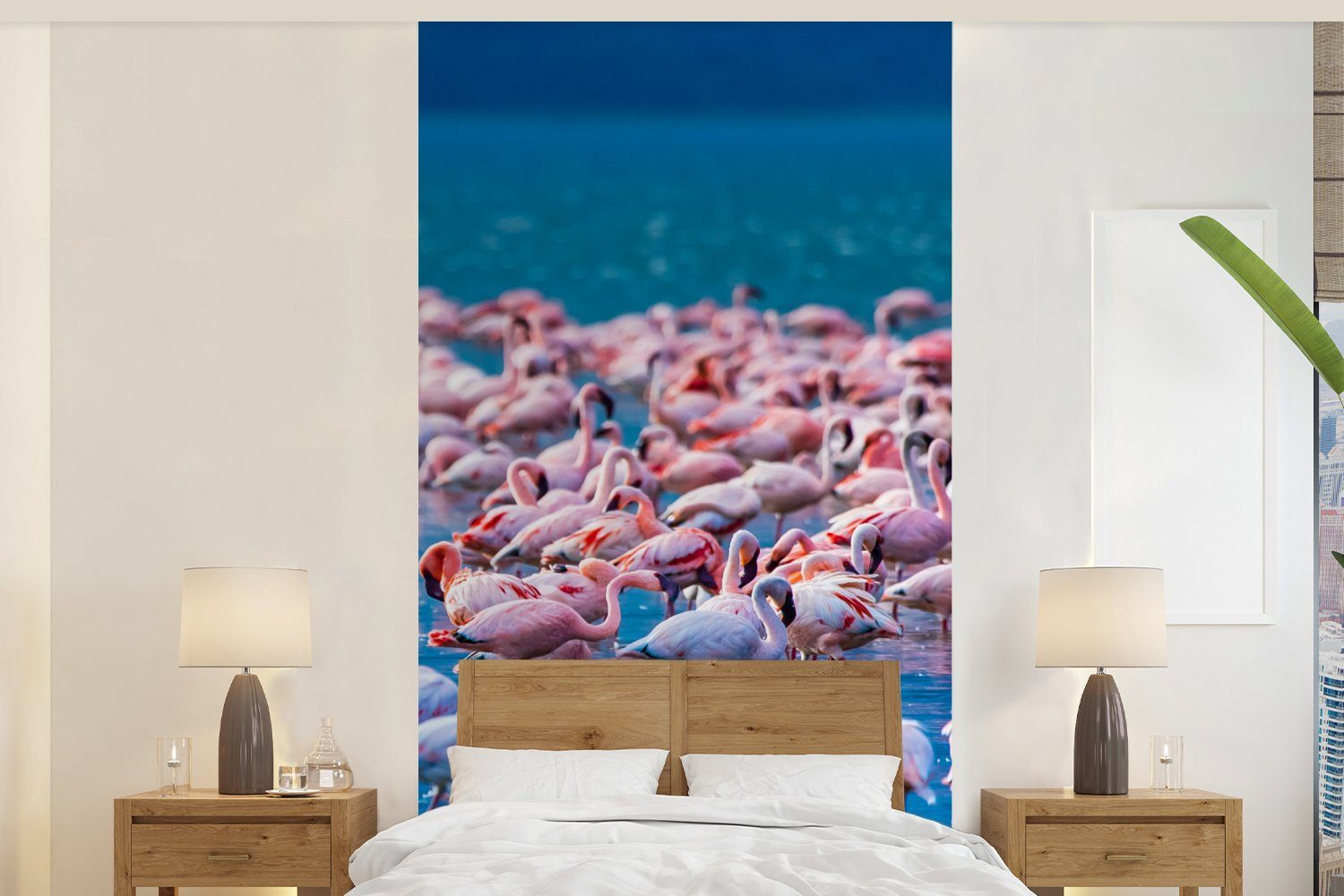 MuchoWow Fototapete Flamingo - Wasser - Tropisch - Rosa, Matt, bedruckt, (2 St), Vliestapete für Wohnzimmer Schlafzimmer Küche, Fototapete
