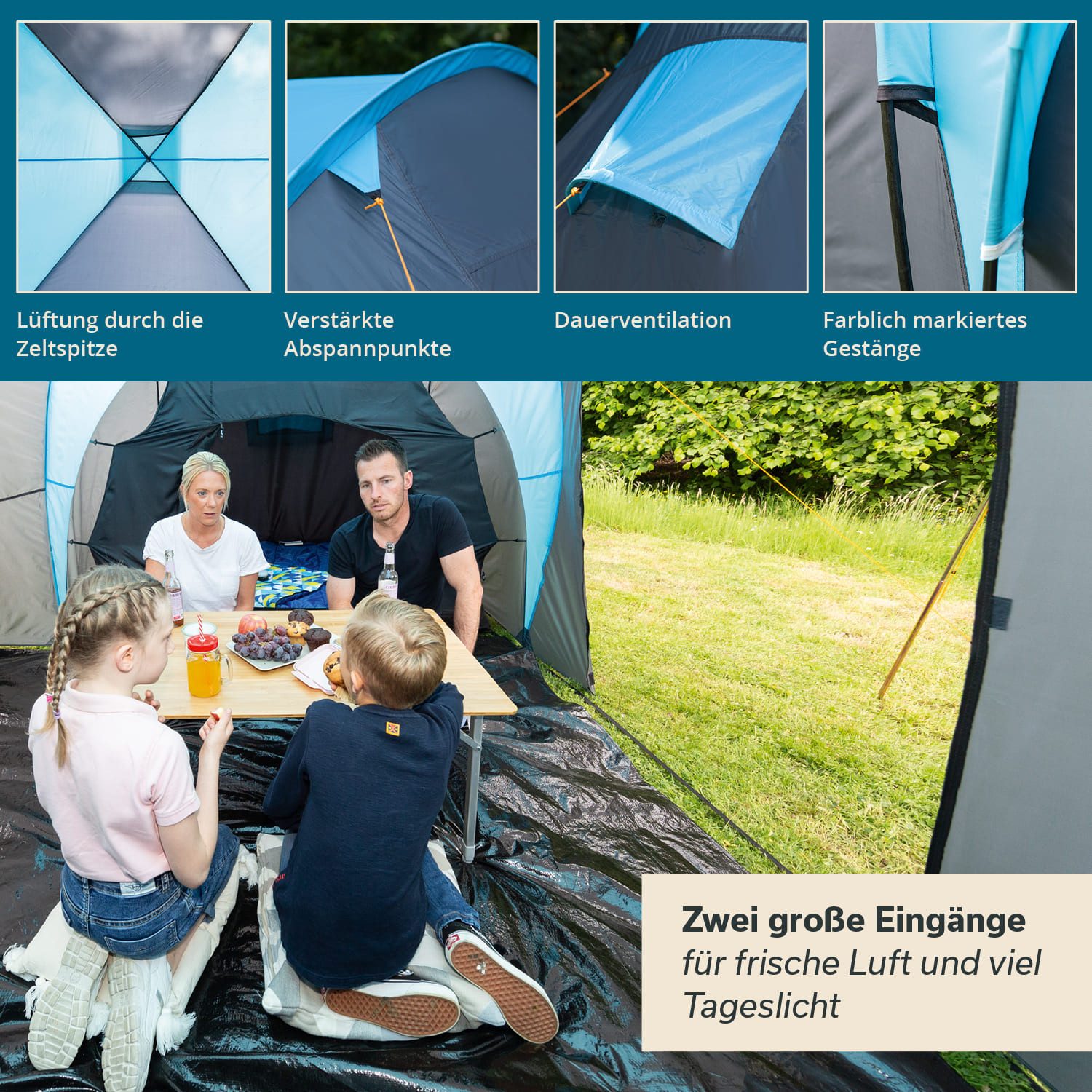 Skandika Kuppelzelt Hammerfest 4, Campingzelt, Familienzelt, 2 m Stehhöhe, Personen: 4 (Schlafkabinen mit Moskitonetz und eingenähtem Zeltboden), Loser Zeltbode – Bild 4 von 5