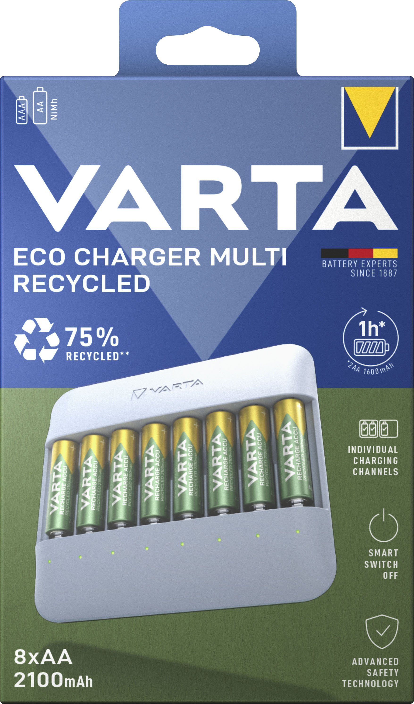VARTA Eco Charger Multi Recycled + 8x AA 2100 mAh Batterie-Ladegerät (2000 mA, Packung)