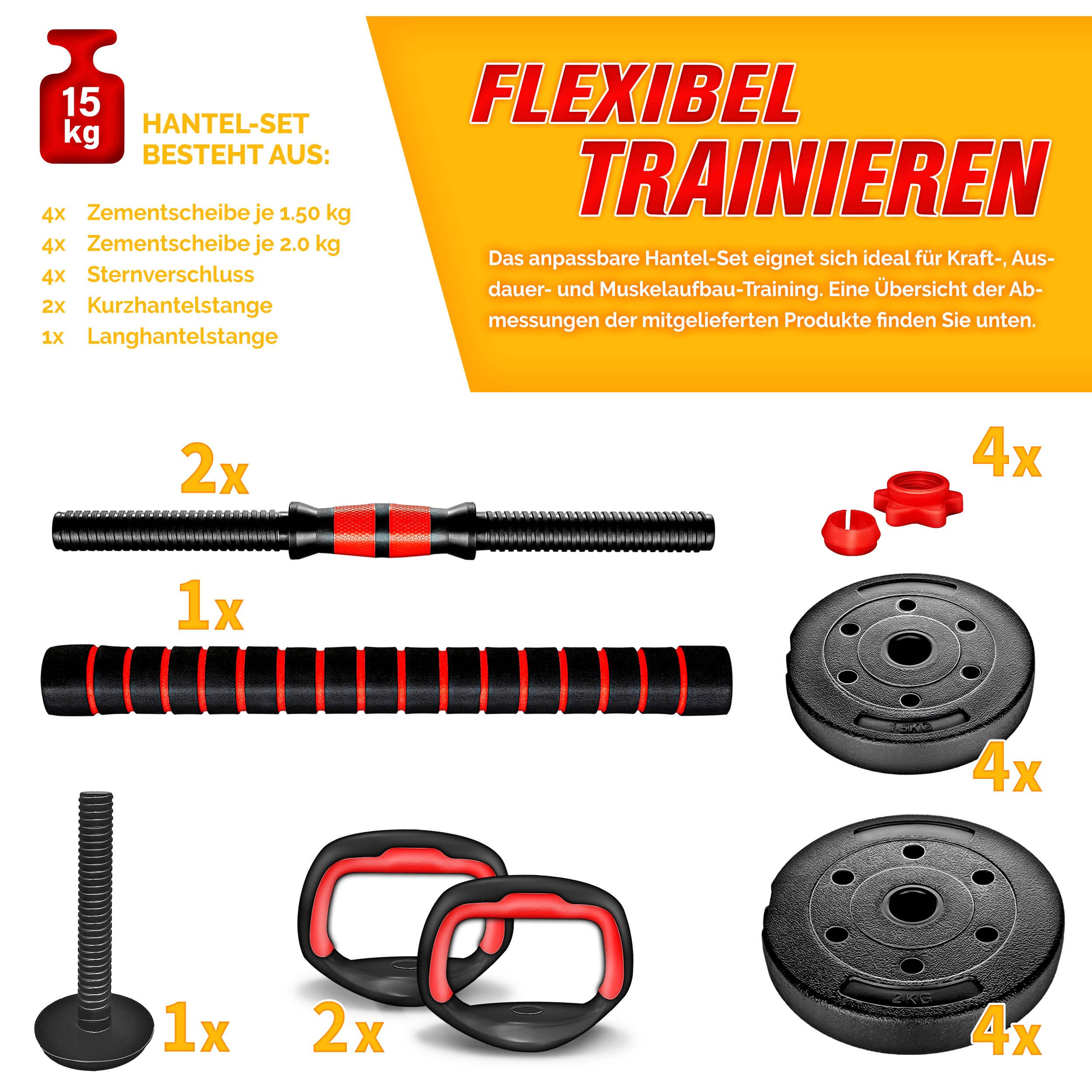 RE:SPORT Hantel-Set Hantelset verstellbar, Kurzhantel & Langhantel, Sternverschlüsse & Verbindungsrohr