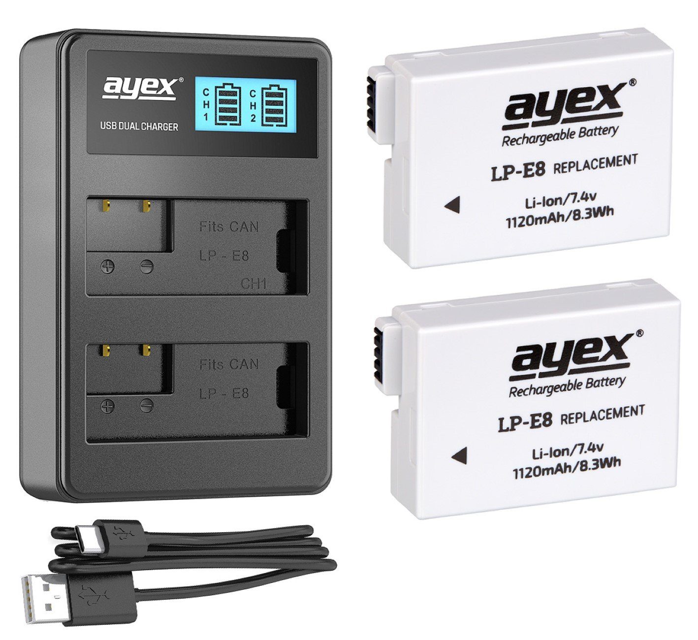 ayex 2x LP-E8 Akku für Canon+1x USB Dual-Ladegerät für zB Canon 700D 600D Kamera-Akku