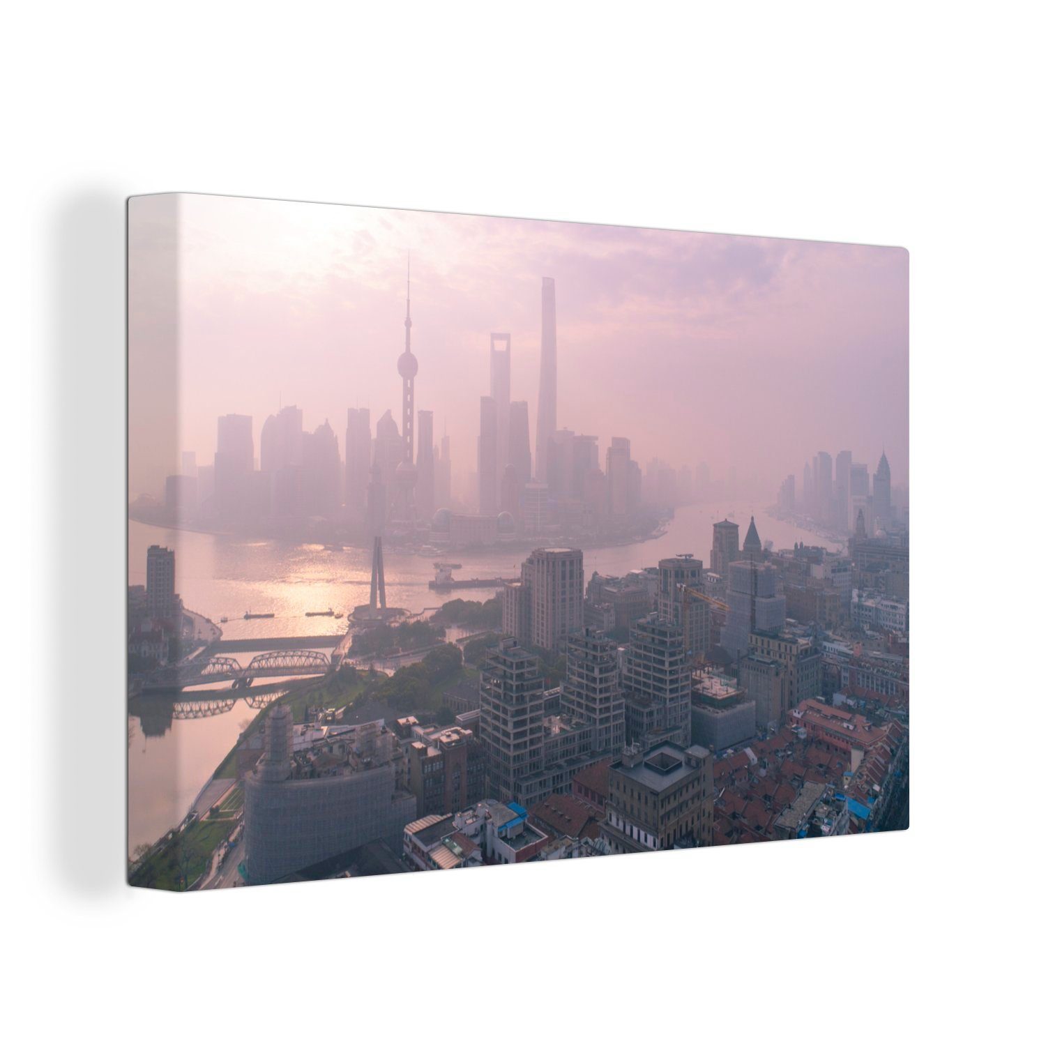 OneMillionCanvasses® Leinwandbild Der Sonnenaufgang über dem Bund und Shanghai in China, (1 St), Wandbild Leinwandbilder, Aufhängefertig, Wanddeko, 30x20 cm