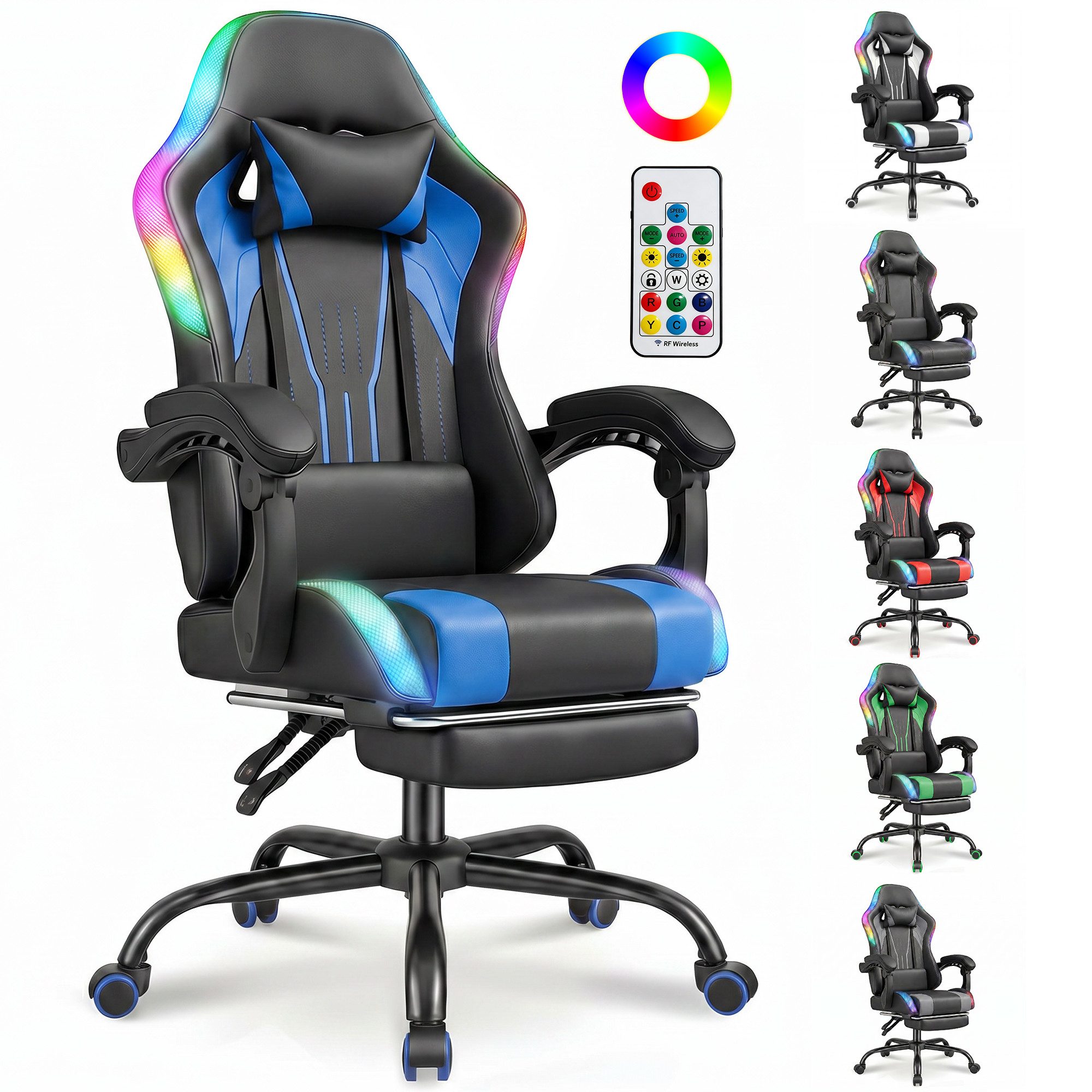 HOMALL Gaming-Stuhl mit LED,Ergonomisch,Fußstütze,computerstuhl,gaming stuhl mit massage, Ergonomischer Bürostuhl,Kopfstütze und Lendenstütze