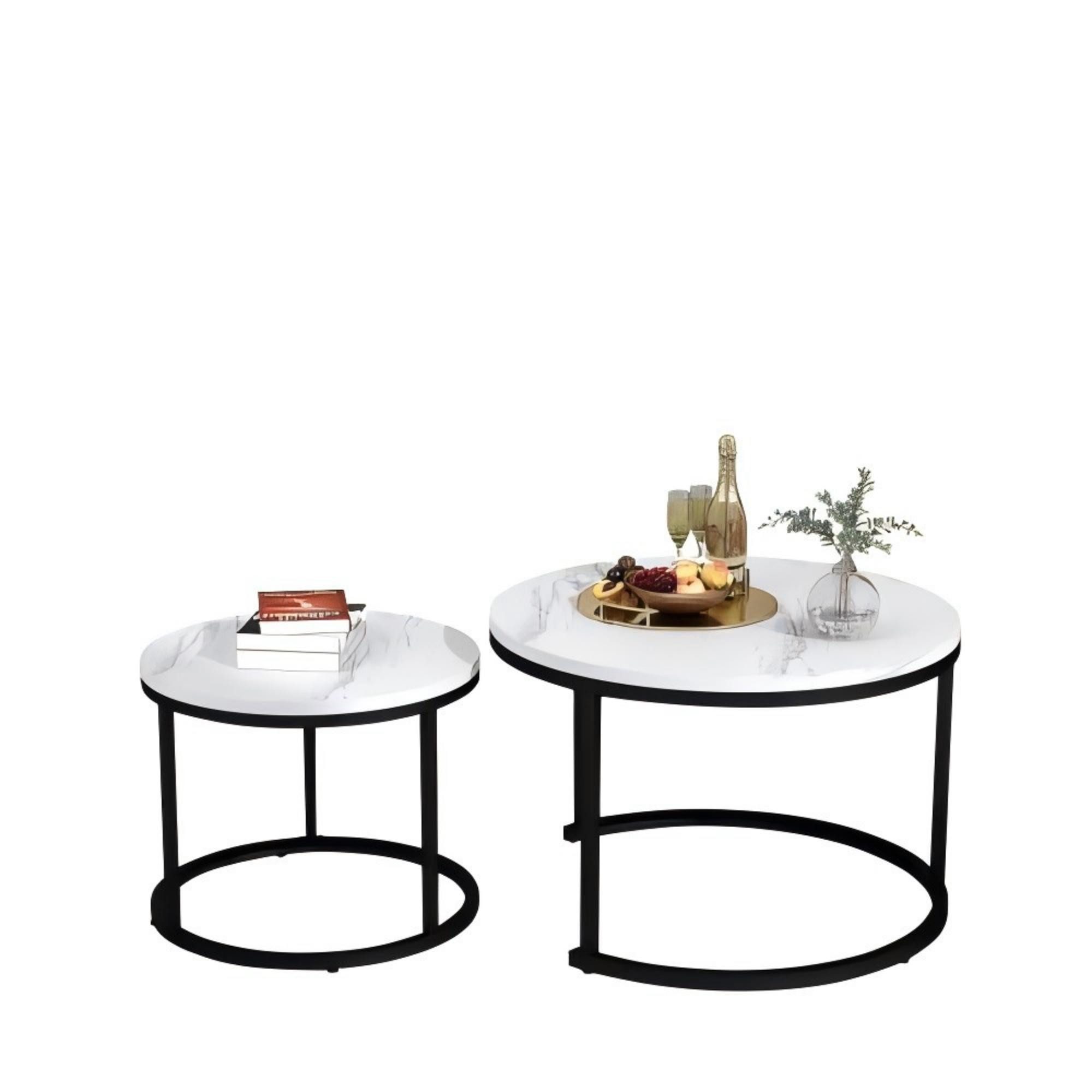 Couchtisch 2er Beistelltisch Kaffeetisch Satz Rund geschachtelt Weiβ/Braun/Natur