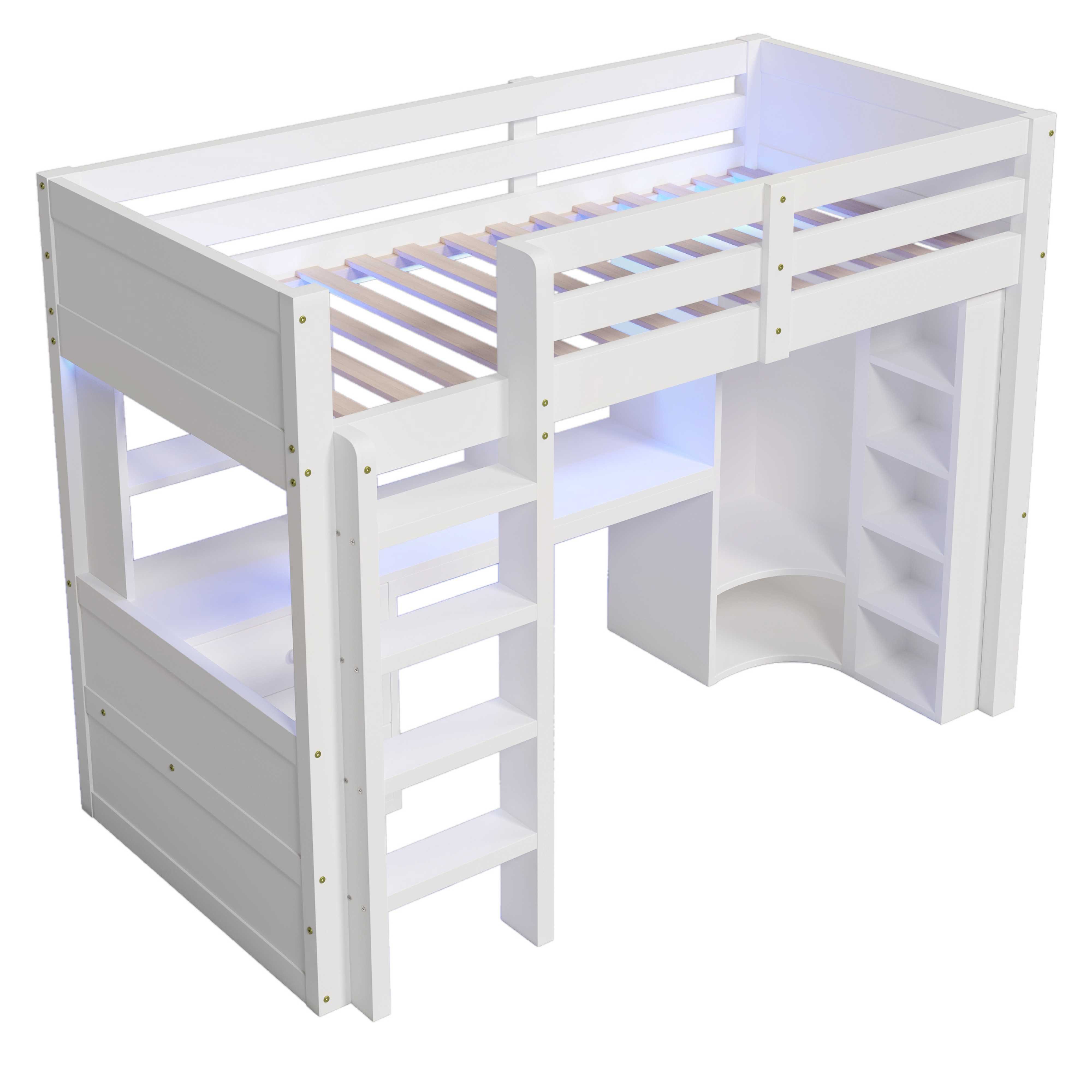 BlingBin Hochbett Kinderbett aus Kiefernholz (mit LED-Beleuchtung, integriertem Schreibtisch, Kleiderschrank, 1-St., Schubladen, offenen Staufächern, Regalsystem, Sicherheitsgeländern) multifunktionalem Stauraum-Design für Kinderzimmer – Weiß