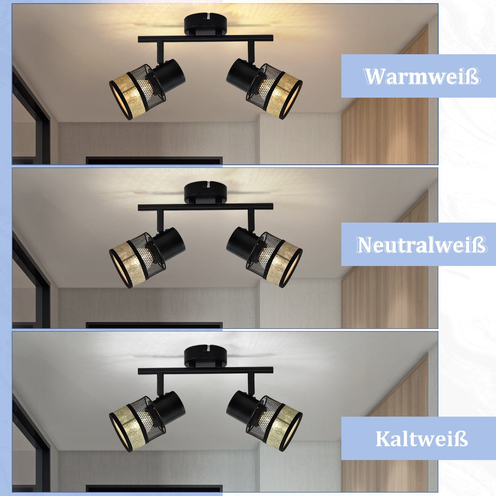 Nettlife Deckenstrahler 1/2/3/4 Flammig Schwarz Vintage E27 Flur Metall Deckenleuchte, 330°Drehbar, LED wechselbar, für Wohnzimmer Schlafzimmer Küche Treppe Ess – Bild 5 von 5