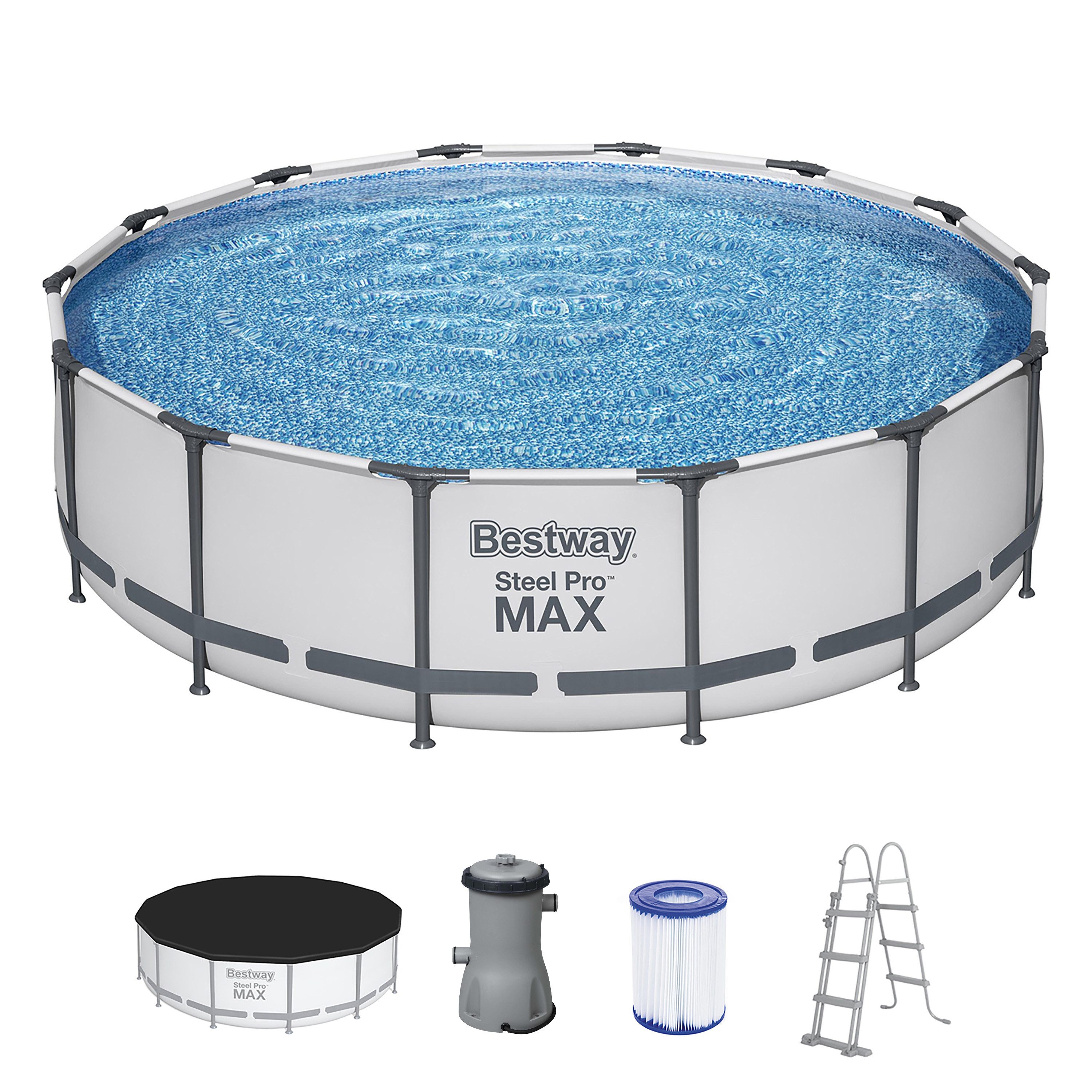 Bestway Framepool Steel Pro MAX™ (Set, Inkl. Filterpumpe, Abdeckplane & Sicherheitsleiter), Ø 427 x 107 cm