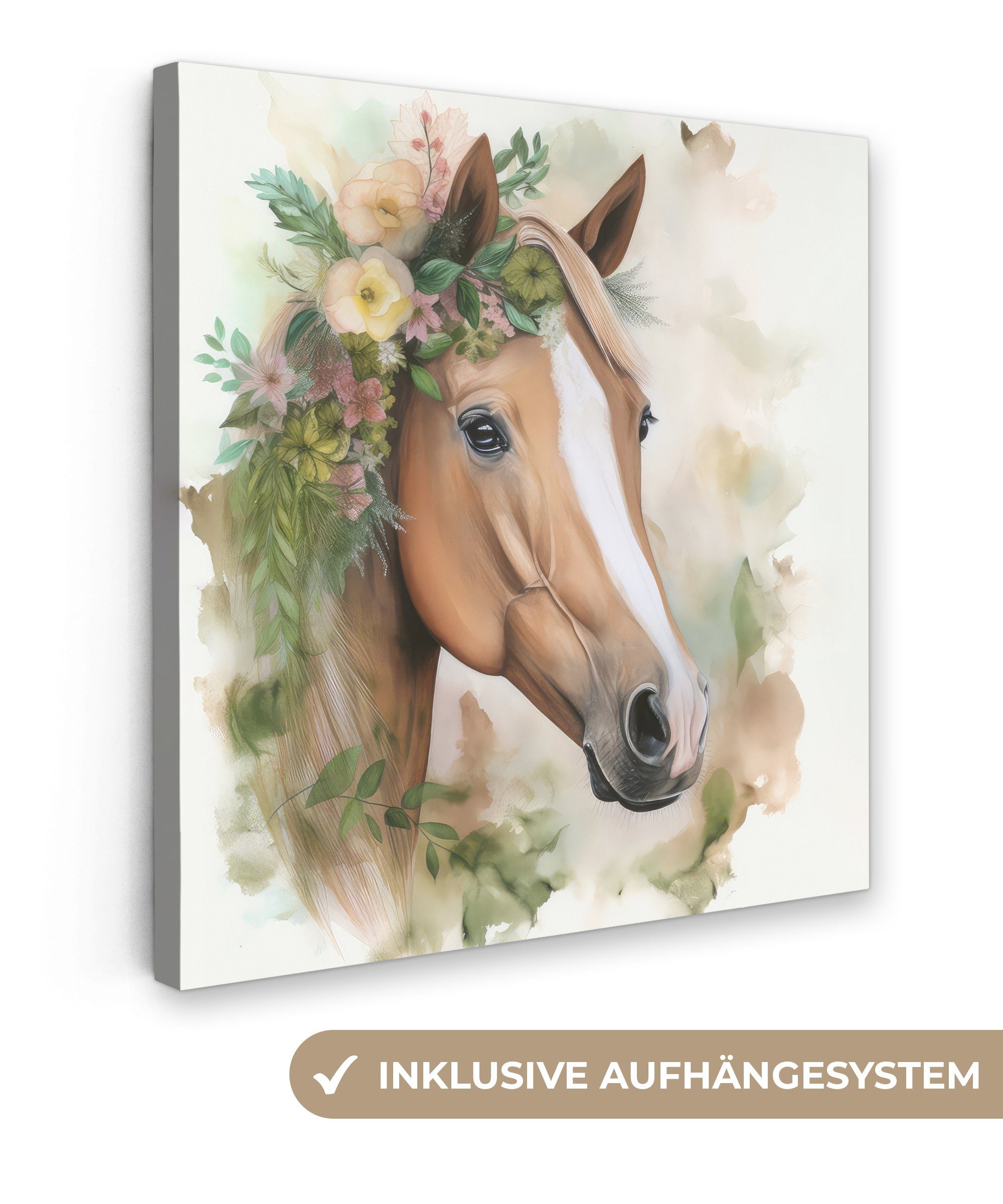 OneMillionCanvasses® Leinwandbild Pferd - Blumen - Natur - Aquarell - Tiere, (1 St), Leinwand Bilder für Wohnzimmer Schlafzimmer, 20x20 cm