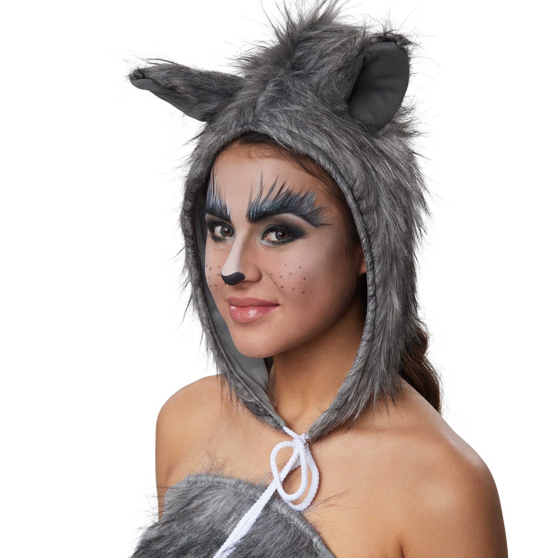 dressforfun Kostüm Frauenkostüm Heiße Wolfdame, Kurzkleid aus hellgrauem Stoff mit Kunstfellbesatz