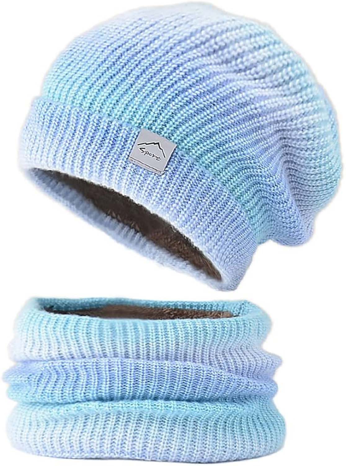 Coonoor Mütze & Schal Wintermütze Strickmütze mit Schal Damen Warme Wintermütze Mütze Schal Set,Wollmütze mit Farbverlauf