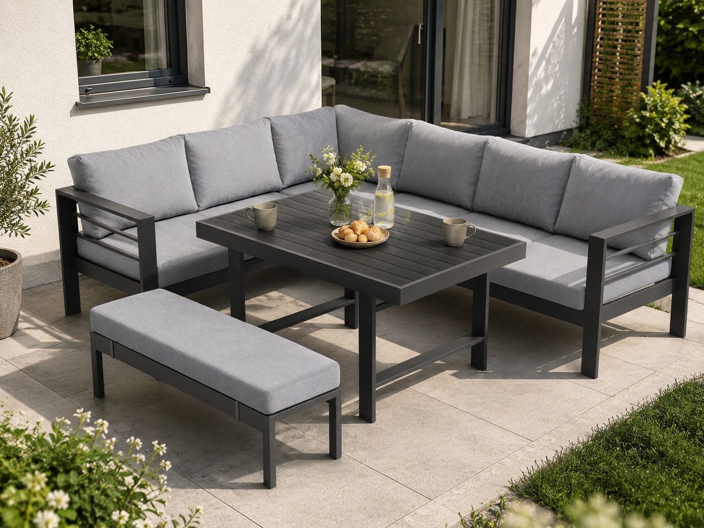 MeXo Gartenlounge-Set Aluminium Gartenmöbel Eck, (L-Form Sofa links, 5-tlg., XXL Terrassenmöbel Set mit Esstisch), Lounge Gartenmöbelset für 6-8 Personen