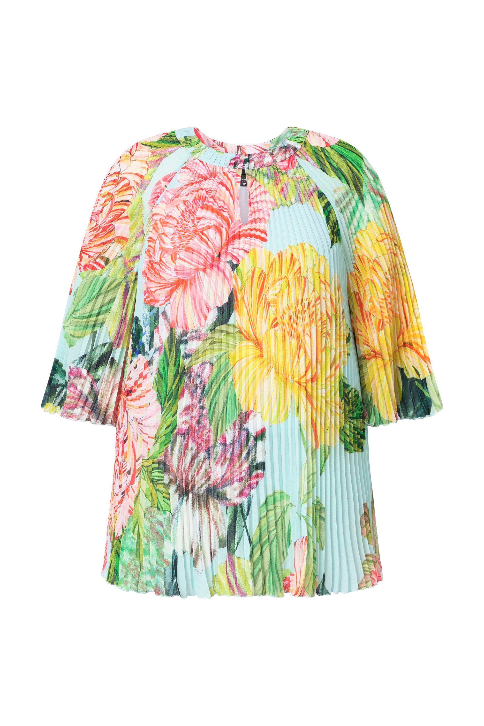 Ulla Popken Schlupfbluse Plissee-Bluse Blüten A-Linie Rundhals 3/4-Arm