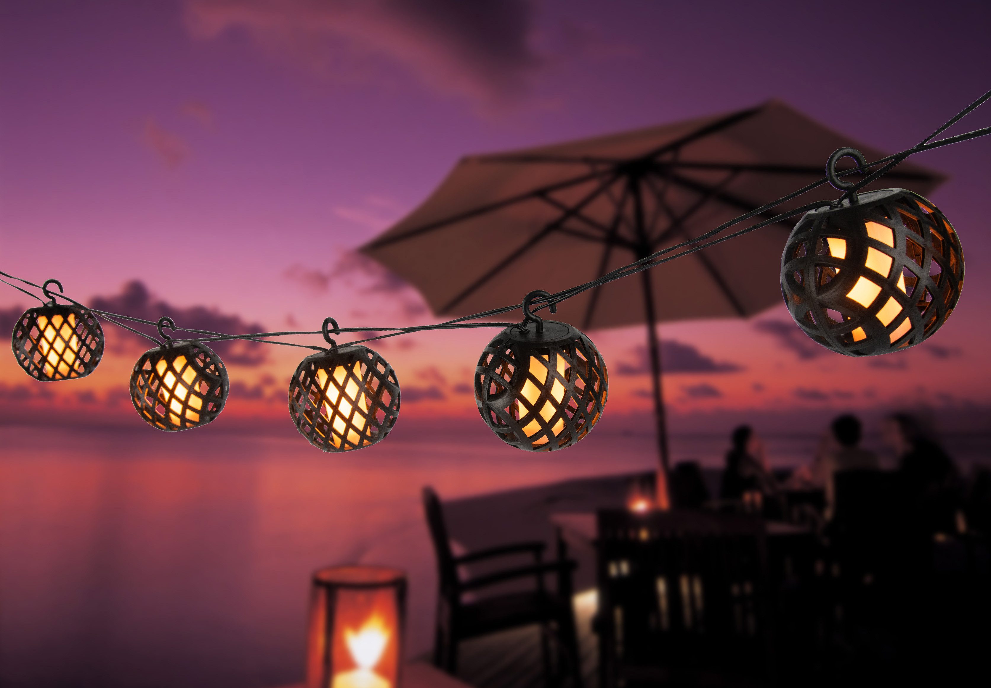 GLOBO LIGHTING LED Solarleuchte SOLAR-LICHTERKETTE KUNSTSTOFF SCHWARZ, 98XLED, LED fest integriert, Extra-Warmweiß, Flammenoptik für besonders stimmungsvolles Licht