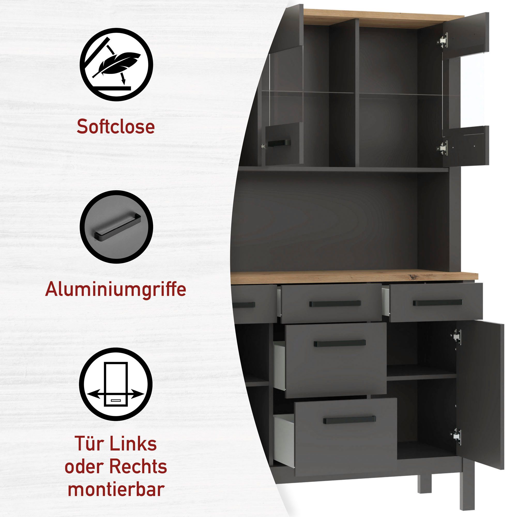 Inter Link Buffet Carbona, Buffetschrank, Küchenschrank, Geschirrschrank mit Softclose (1-St) Stauraum-Modul, passend zur Modularen Küche, 130x45x195,5 cm