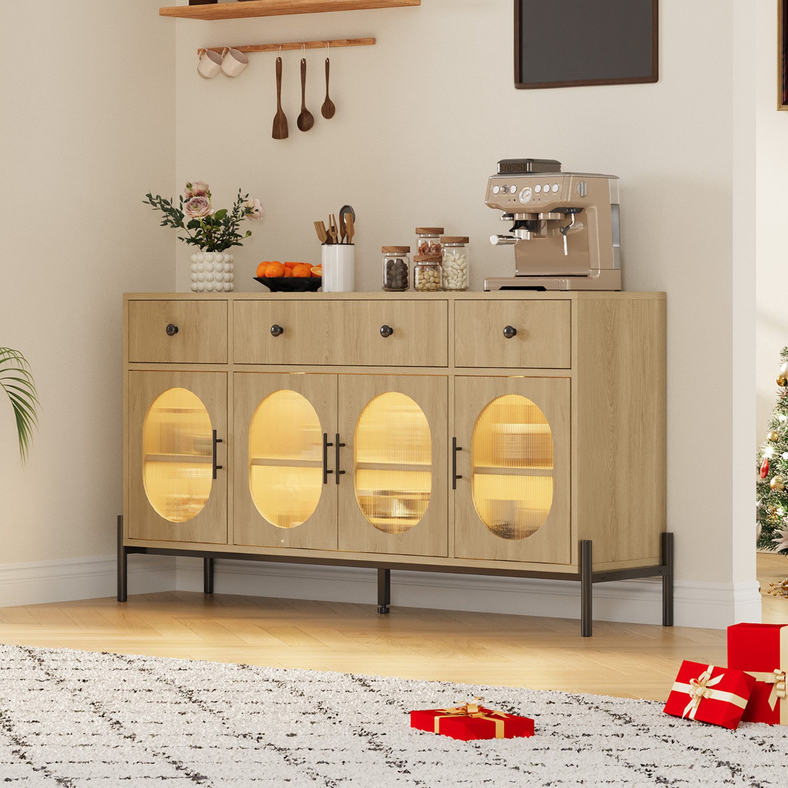 GarveeMore Anrichte Großes 158 cm Sideboard mit Stauraum, Kombikommode, Lowboard, Kommode, Schubkastenkommode mit 3 Schubladen und verstellbaren Einlegeböden