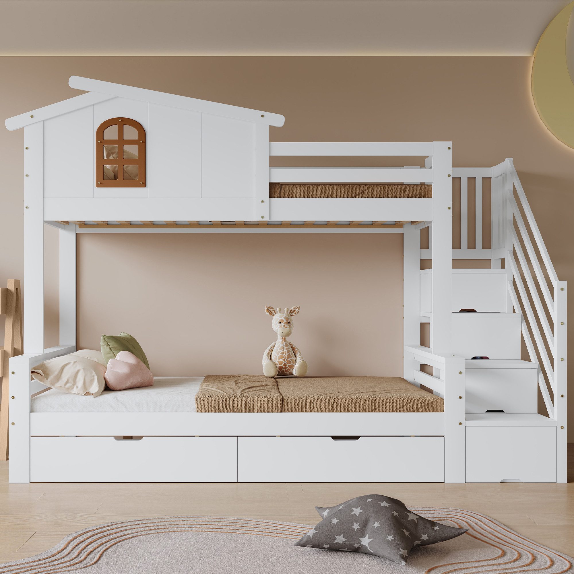 Flieks Etagenbett, Kinderbett mit Stauraumtreppe und zwei Schubladen, 90x200cm+120x200cm