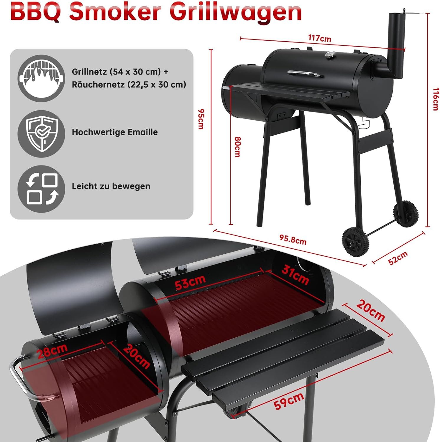 TLGREEN Holzkohlegrill BBQ Smoker Grill 2in1 Holzkohlegrill, Barrel Grill mit Schornstein, Thermometer, Lüftung, Grillablage, 2Rädern, Rauchgrill für Garten, Terrasse, Camping, Grillparty für 4–6 Personen