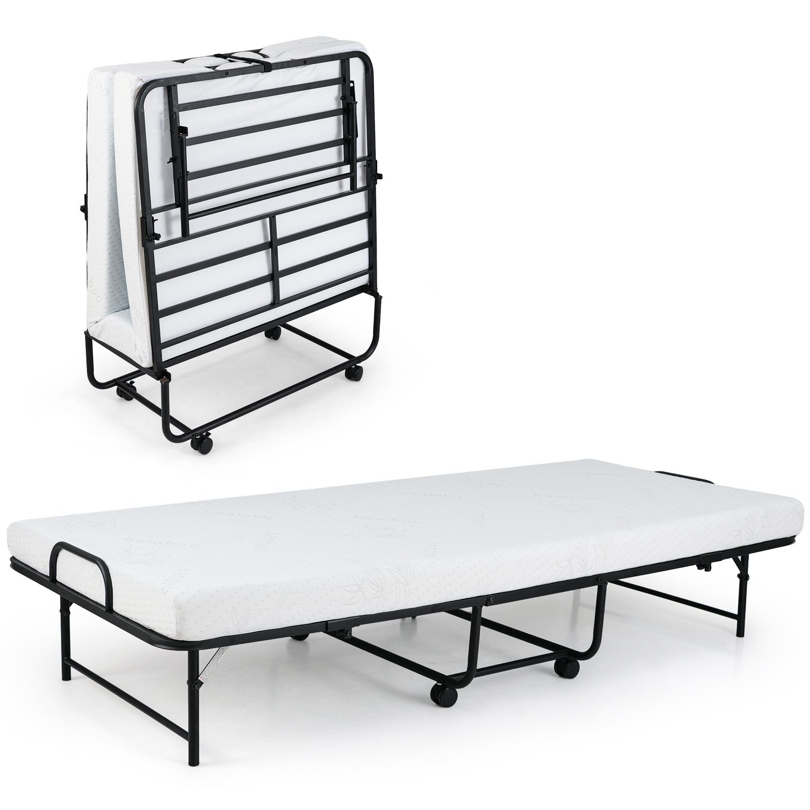 COSTWAY Gästebett (1-St) mit Matratze, klappbares Einzelbett, auf Rädern, 90x190cm