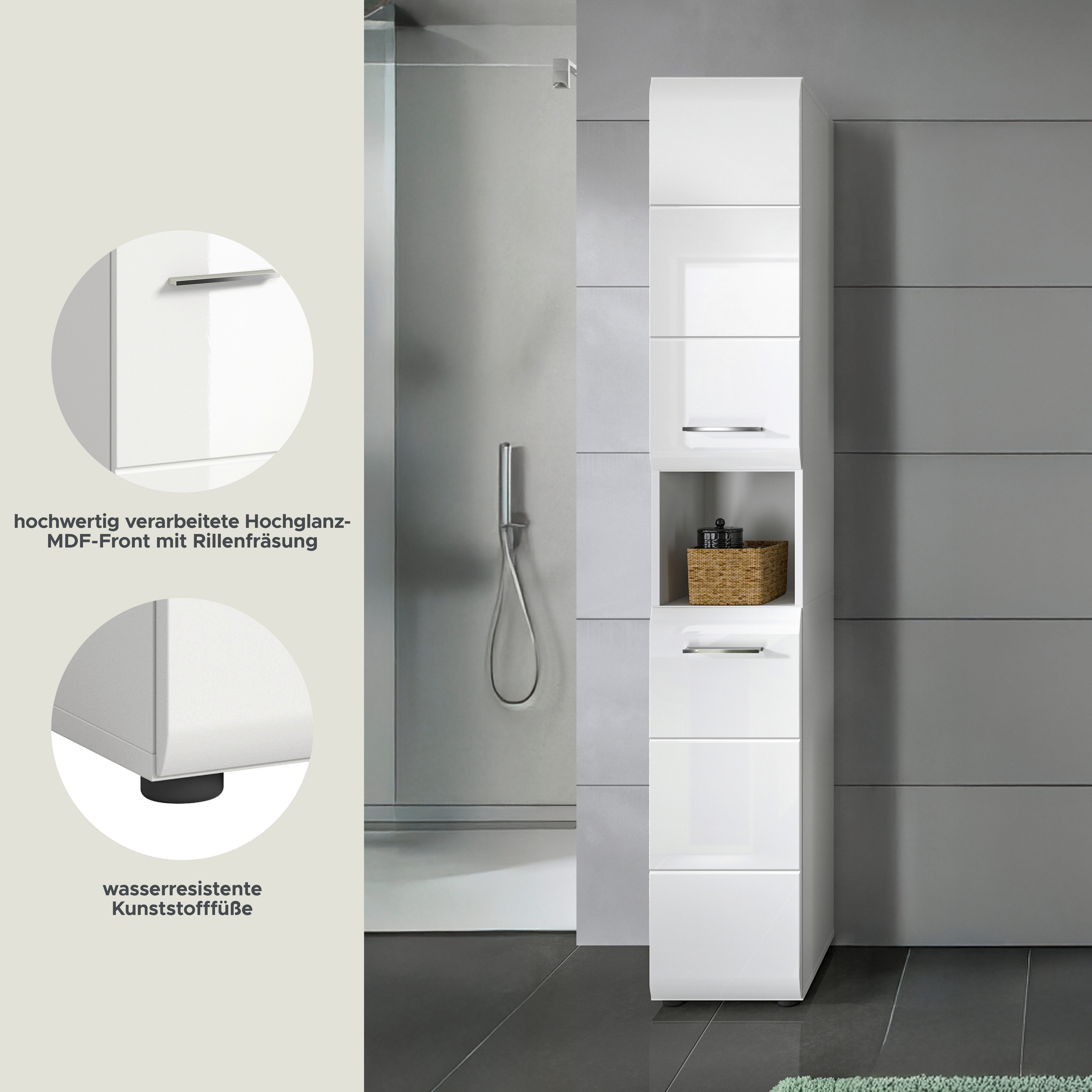 welltime Stauraumschrank (1-St) Florenz, Hochschrank, Weiß Hochglanz Tiefzieh, 185 cm hoch, Bad