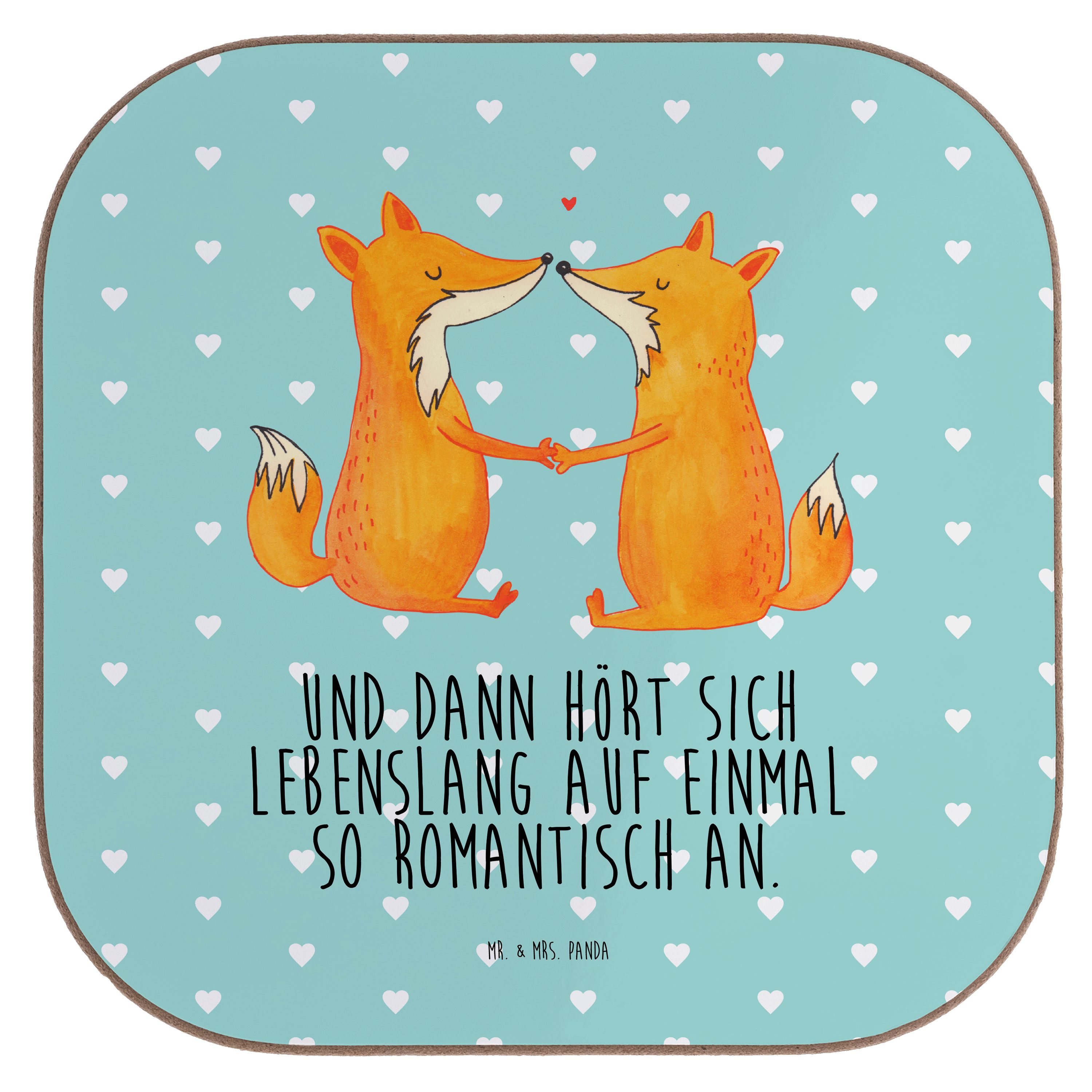 Mr. & Mrs. Panda Getränkeuntersetzer Füchse Liebe - Türkis Pastell - Geschenk, Bierdeckel, Getränkeunterse, 1-tlg.