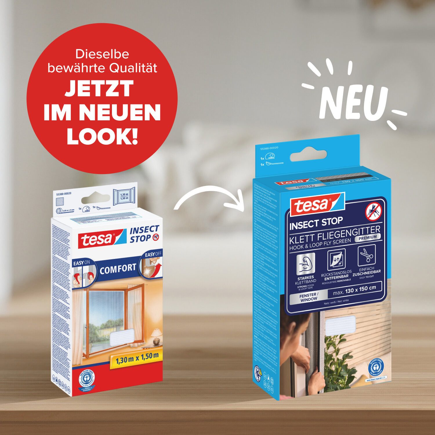 tesa Insektenschutz-Fensterrahmen Klett Fliegengitter Premium für Fenster, Insektenschutz, ohne bohren, (Komplett-Set, 3-St), Mückenschutz mit starkem Klettband, rückstandsfrei entfernbar