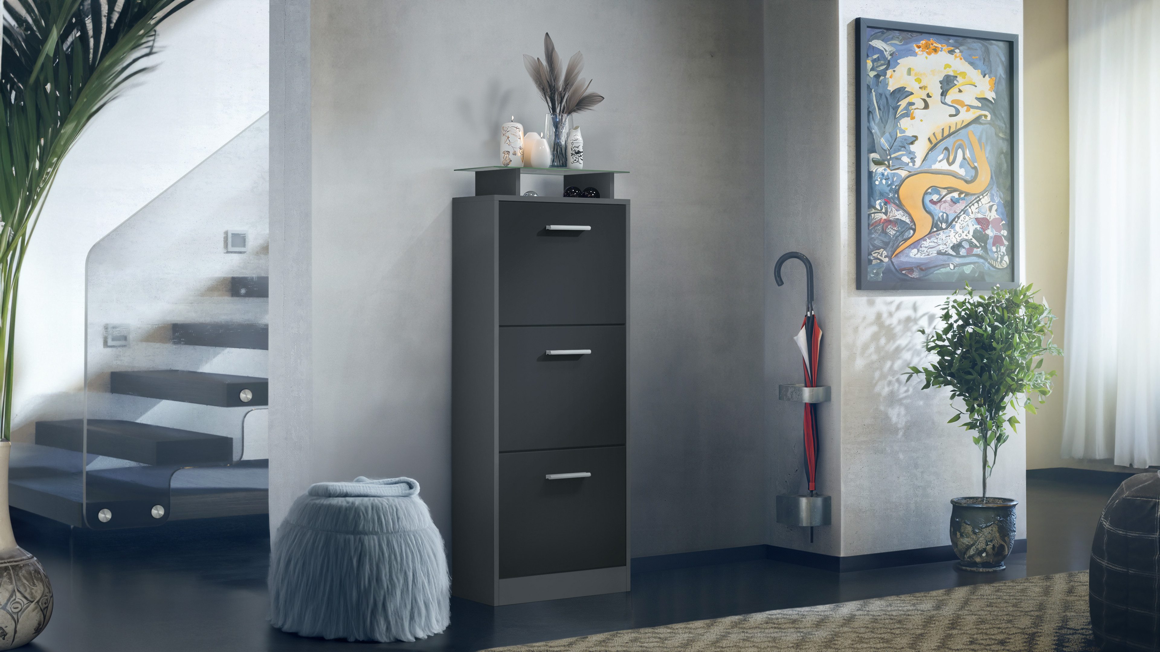 Vladon Schuhschrank Lavia V2 (Schuhkipper, für 12 Paar Schuhe mit 3 Klappen und Glasablage) Anthrazit matt/Schwarz matt (46 x 128 x 23 cm)