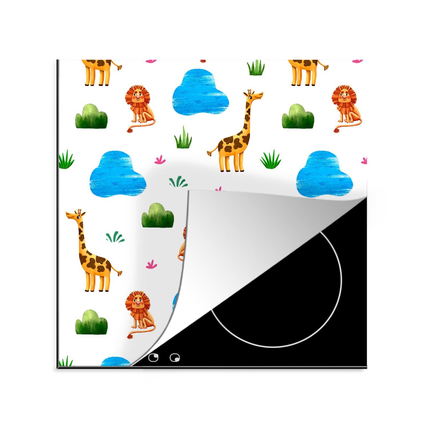 MuchoWow Herdblende-/Abdeckplatte Giraffe - Löwe - Dschungel - Design, Vinyl, (1 tlg), 78x78 cm, Ceranfeldabdeckung, Arbeitsplatte für küche