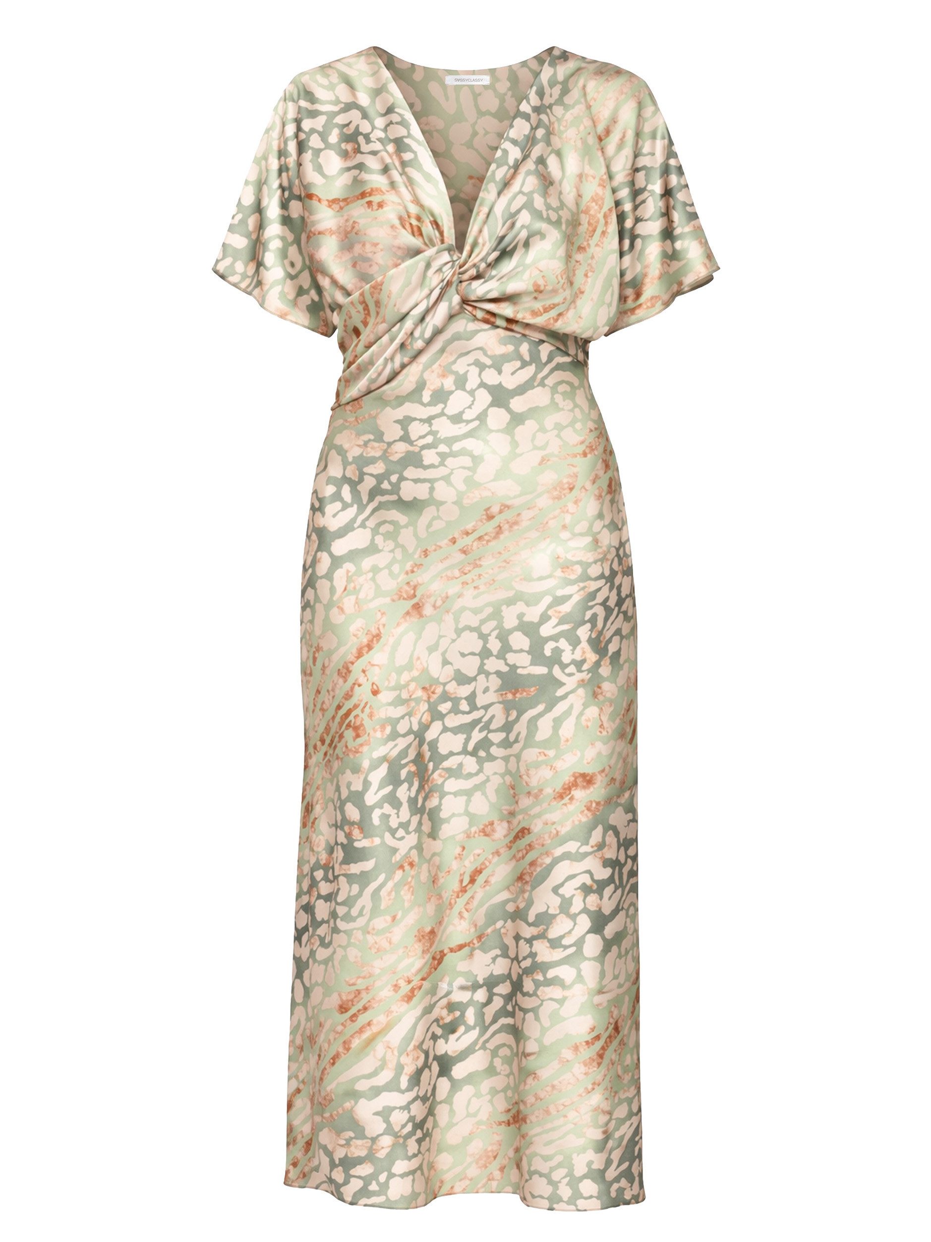 SASSYCLASSY Satinkleid Satin Midikleid mit Animal Print für Damen Langes Kleid in fließender Optik mit Wickel-Look V-Ausschnitt Grün