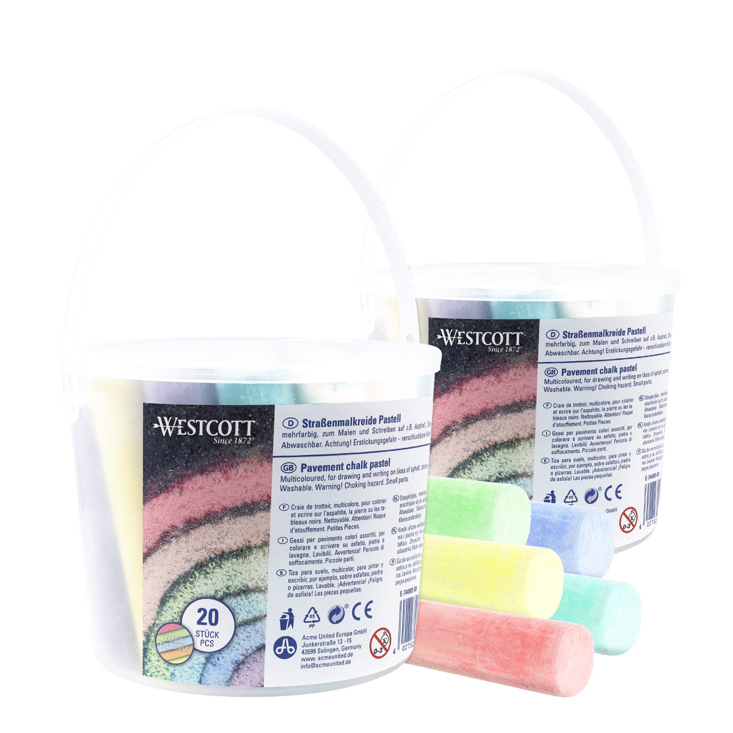 WESTCOTT Malkreide Straßenmalkreide Pastell, 2 x 20 Stück Straßenkreide für Kinder, (Vorteilspack, 2-tlg), leicht abwaschbar