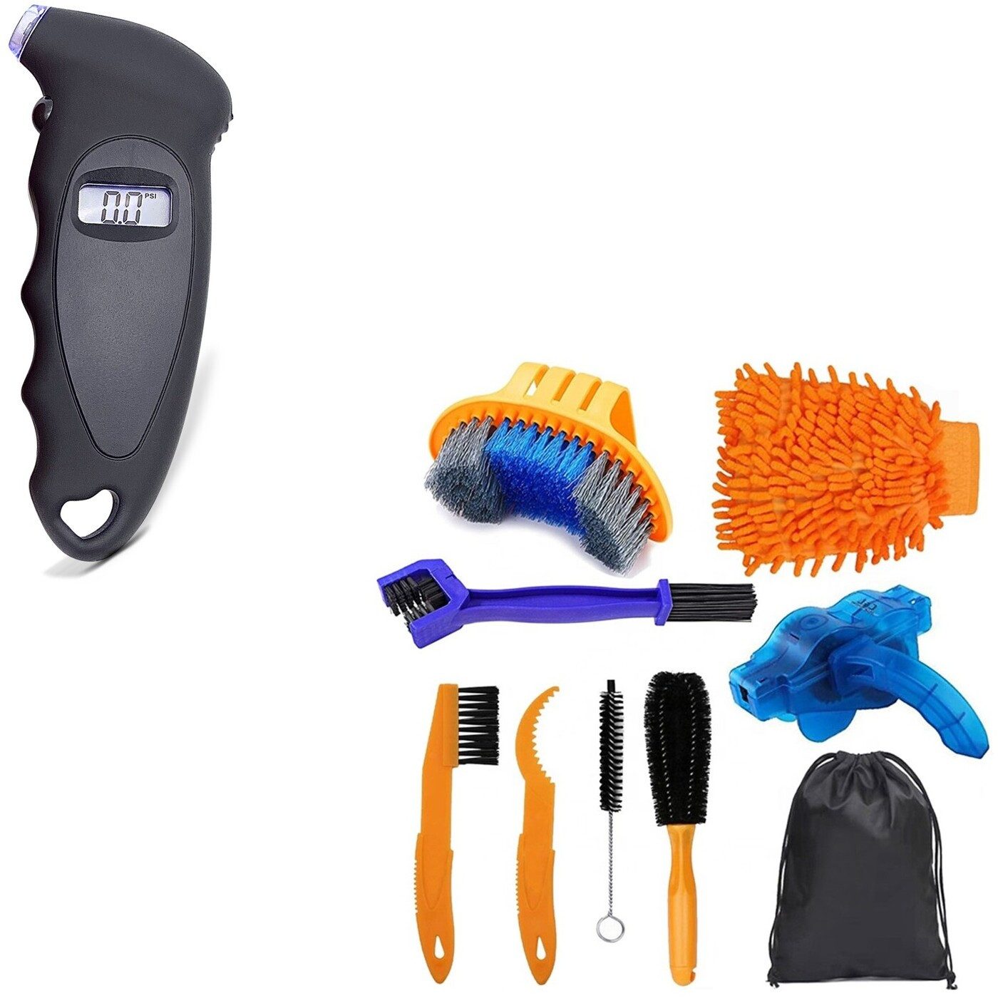 Sitzbank Set: Reifendruckprüfer + Reinigungs Set + Reinigungsbürsten 8-teilig