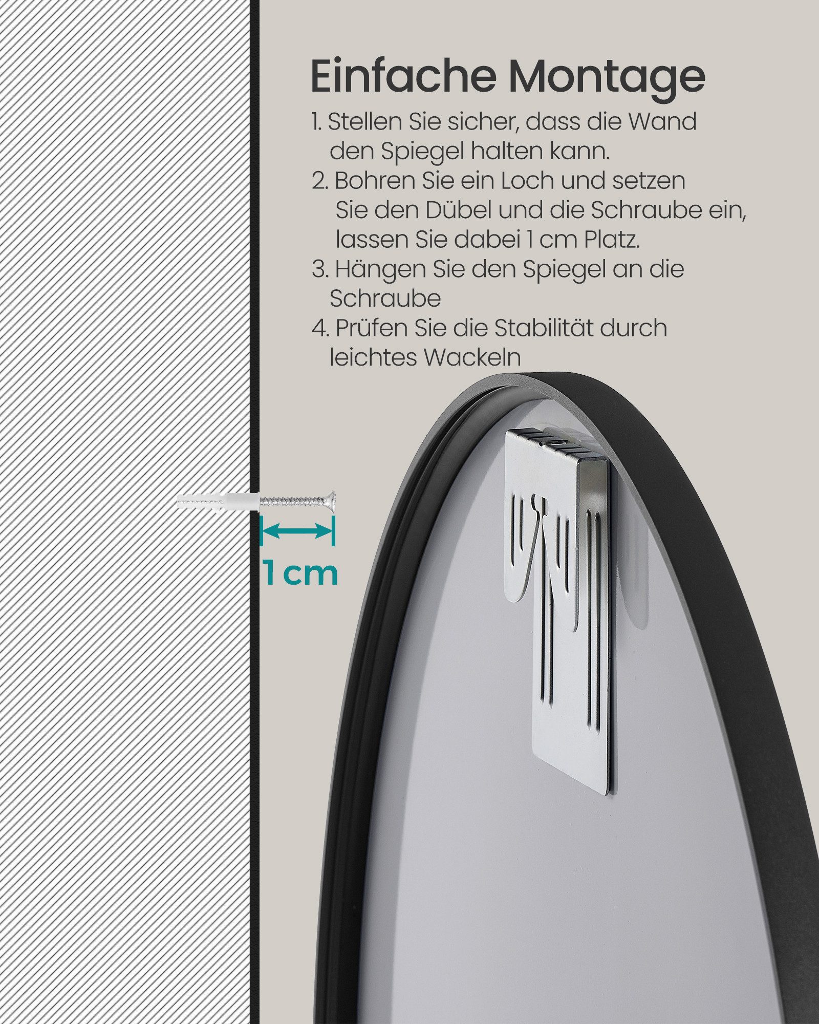 SONGMICS Wandspiegel Spiegel rund, Badezimmerspiegel, Ø 40,7 cm Badezimmerspiegel, für Bad, Wohnzimmer, einfache Montage – Bild 5 von 5