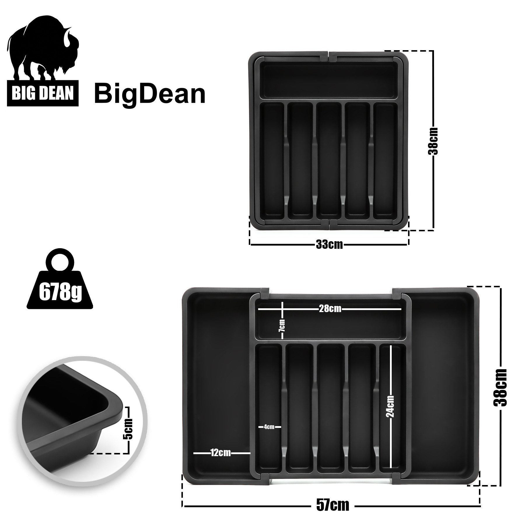 BigDean Besteckeinsatz 2 Stück Schubladen Organizer aus Kunststoff in Schwarz (Set, 2 St., Besteckkasten), Platzsparend, Optimale Organisation, Flexibel Anpassb – Bild 3 von 5