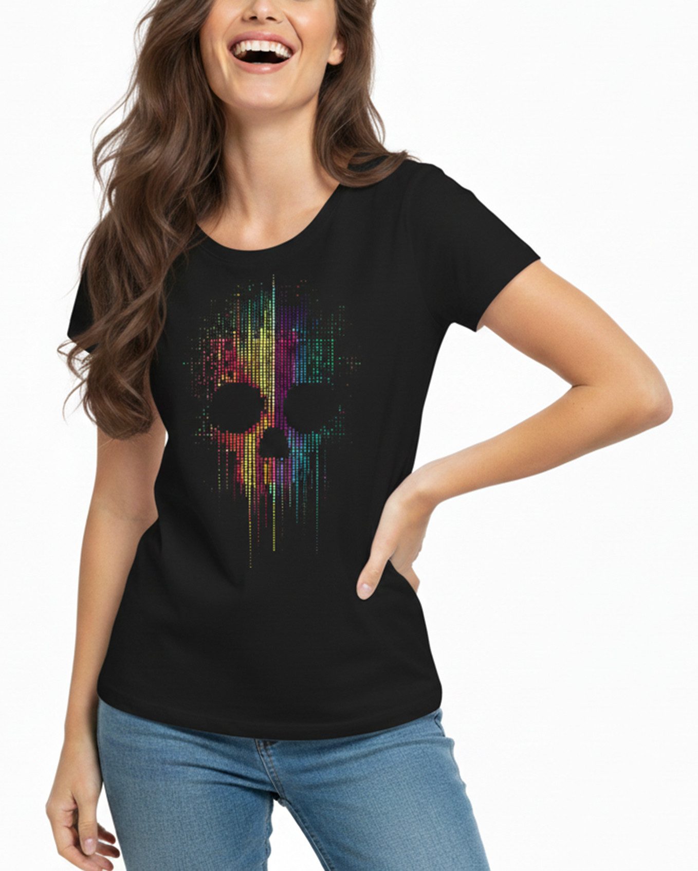 MAKAYA Print-Shirt Skull Motiv Top für Frauen – Bunter Look für Tattoo & Rock Fans (Schwarz, S, M, L, XL) Baumwolle