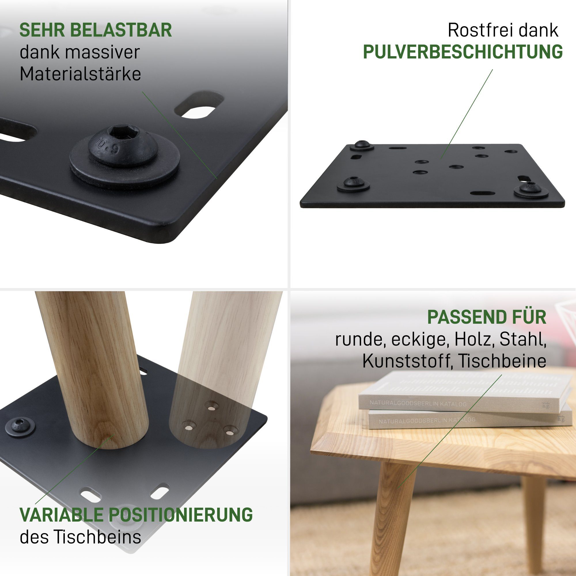 Beine, Verbinder Berlin multifunktionaler ADAPT, Schwarz und Goods Tischplatten Tischbein Montageplatte Natural für