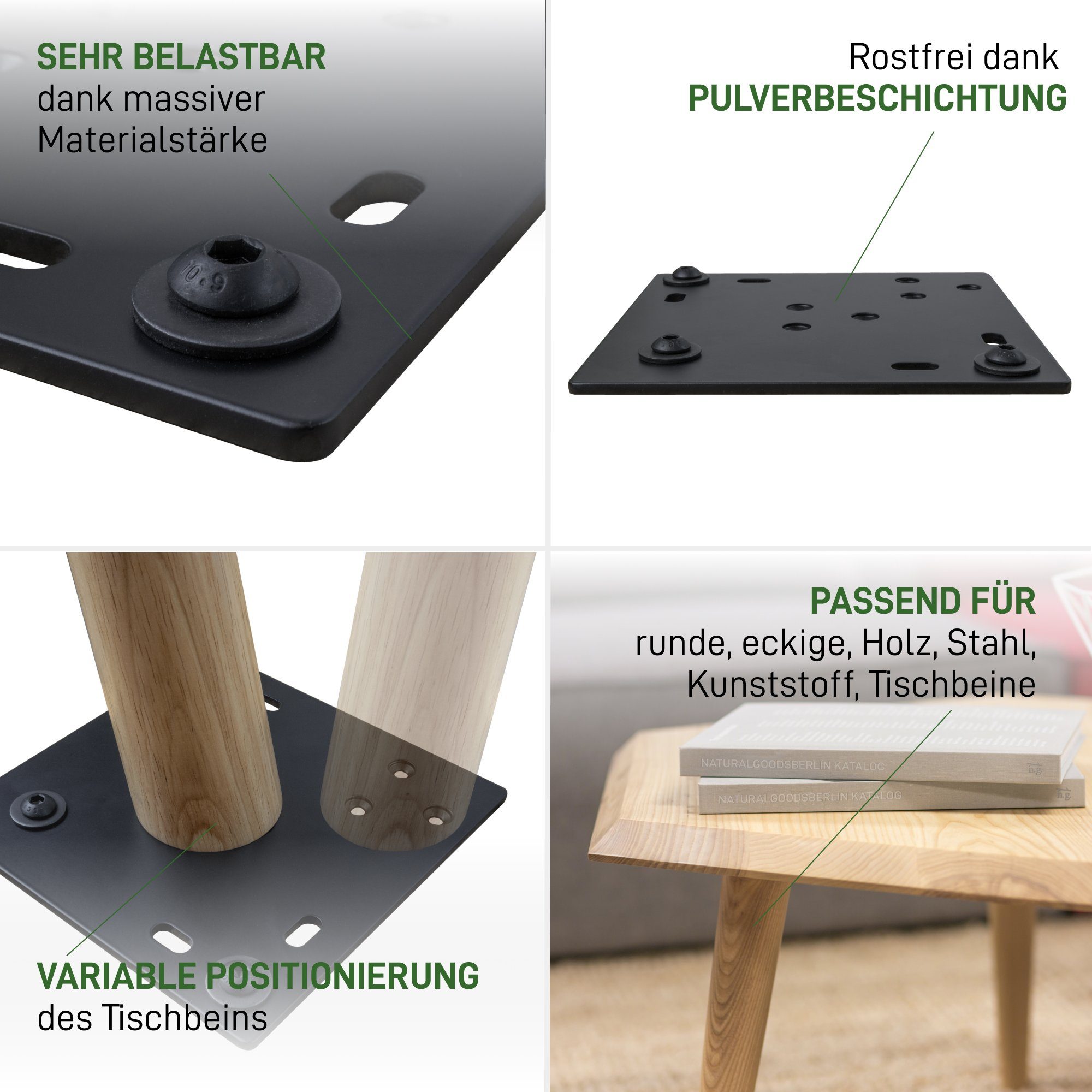 Natural Goods Berlin Tischbein Montageplatte ADAPT, multifunktionaler Verbinder für Tischplatten und Beine, Schwarz