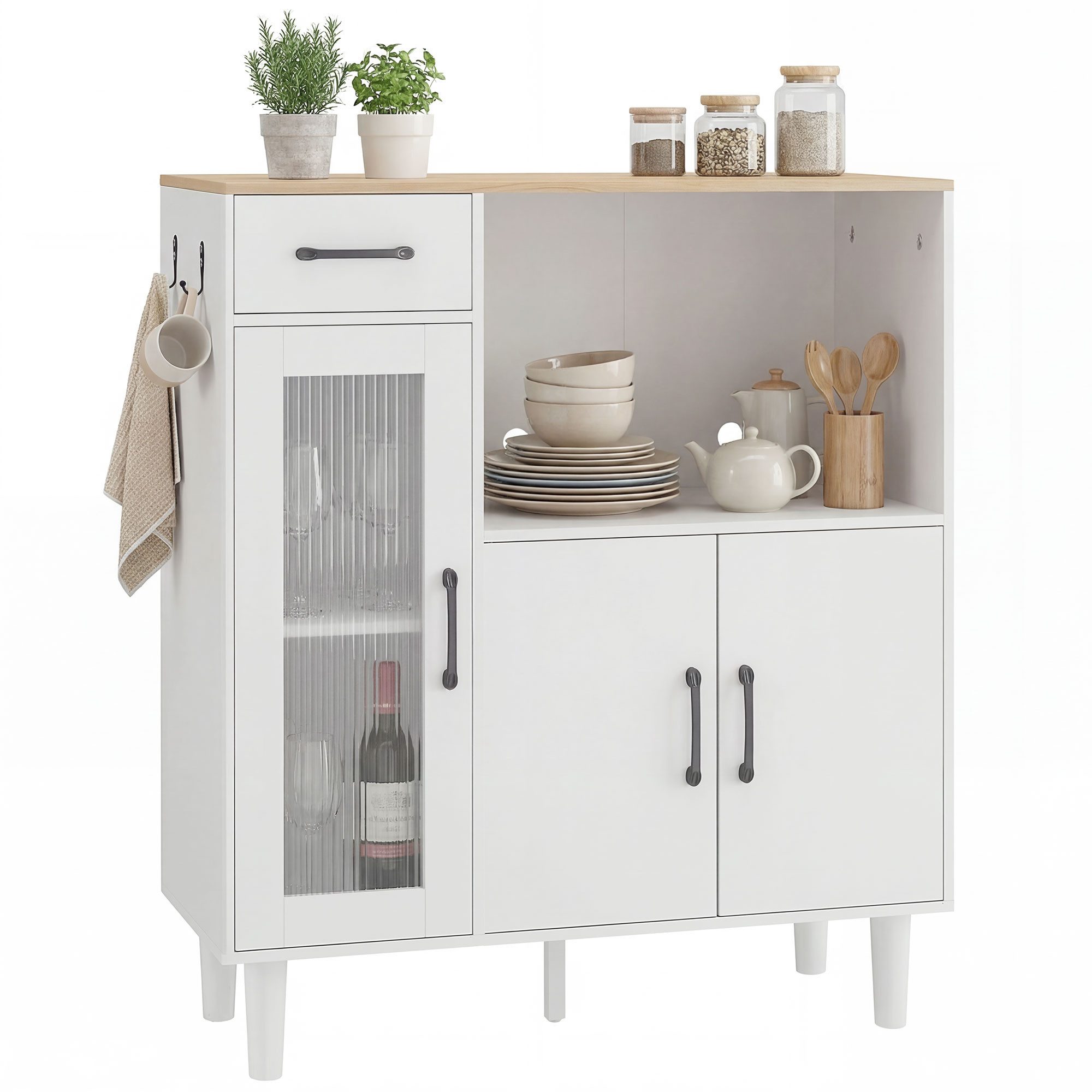 HOMCOM Sideboard mit Schublade, 2 Schränken, Offenem Fach, geriffelter Acrylglastür (Küchenschrank, 1 St., Aufbewahrungsschrank), für Wohnzimmer Weiß+Eiche 80 x 34 x 91 cm