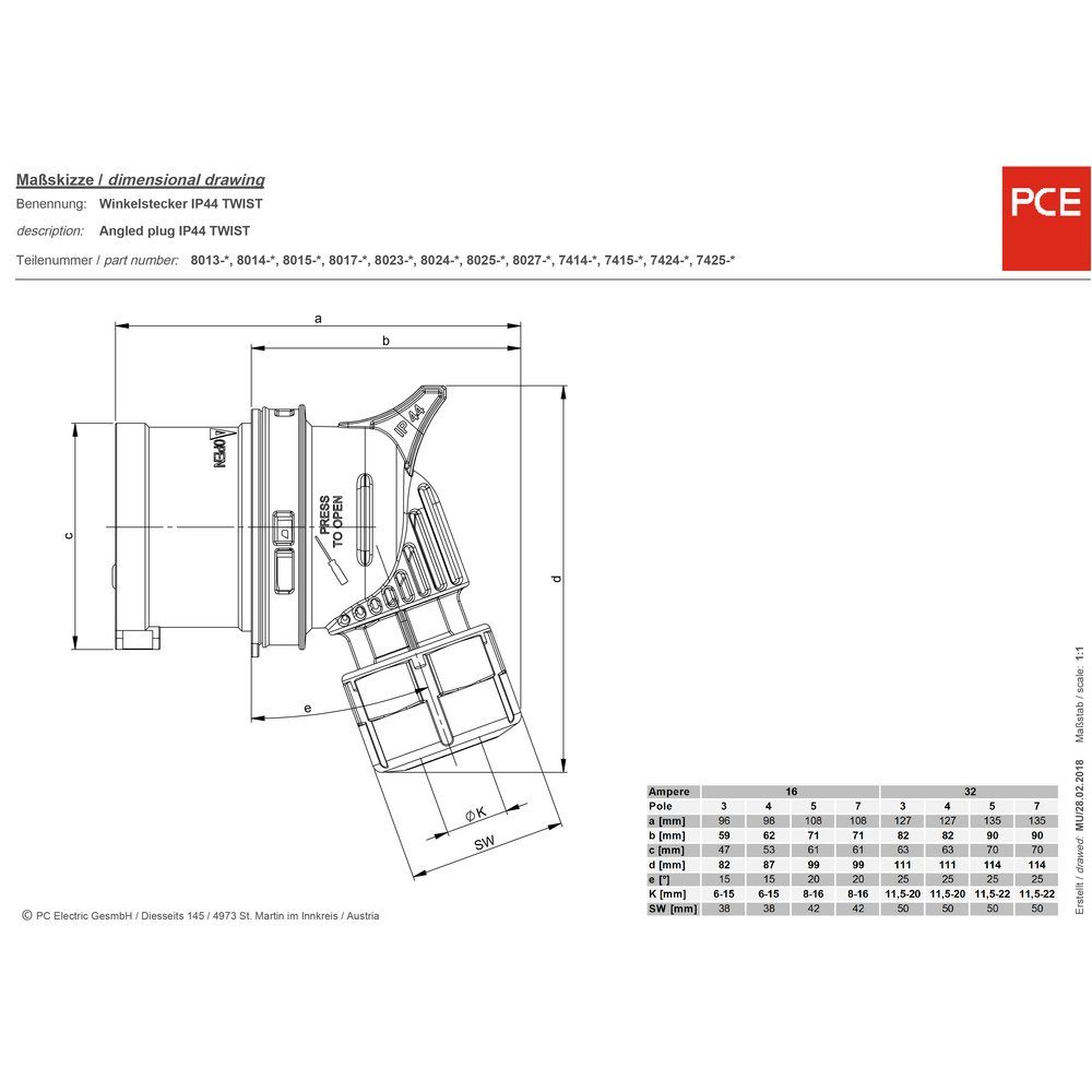 Steckdose Winkelstecker PCE CEE-CARA V 16 8013-6 230 1 St. PCE 3polig A